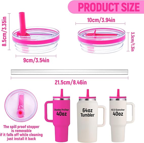 Replacement Lid for Stanley 40 oz and 64 oz Tumbler.Leak proof Flip Straw Lid Fit Stanley Cup Quencher H2.0 40 oz/64 oz and Stanley ProTour 40oz/64oz Tumbler.(Fuchsia,2-Pack)
