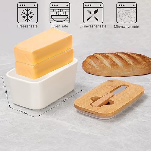 Miniatura 4 de Mantequera grande de cerámica con tapa hermética y cuchillo para encimera, capacidad para hasta 2 palitos, recipiente de mantequilla con tapa de