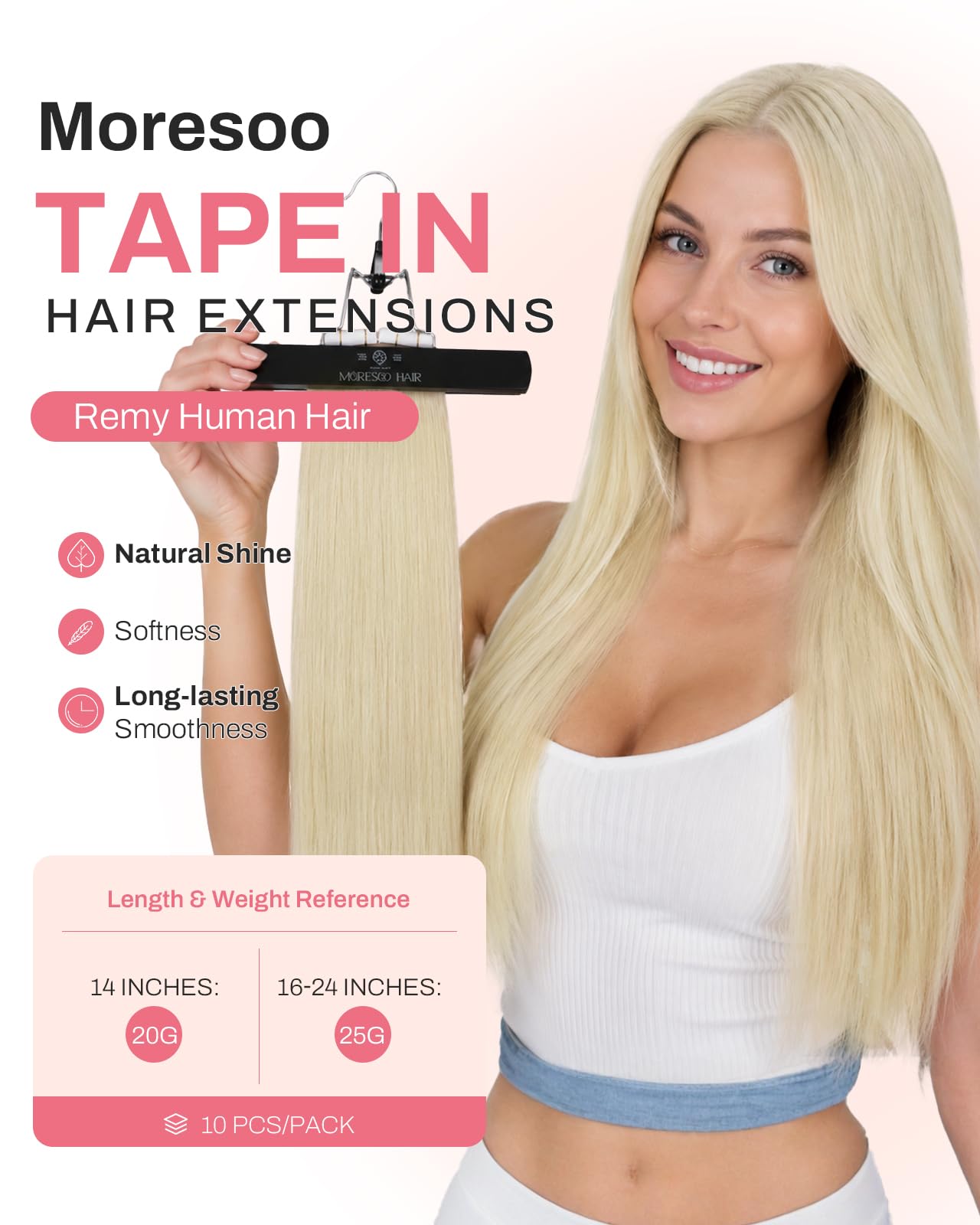 Moresoo Pasemka doczepiane z prawdziwymi włosami Remy, blond z pasemkami, 60 cm, przedłużające włosy, pasemka z prawdziwymi włosami, platynowy blond, gładkie, 10 sztuk, 25 gramów #60