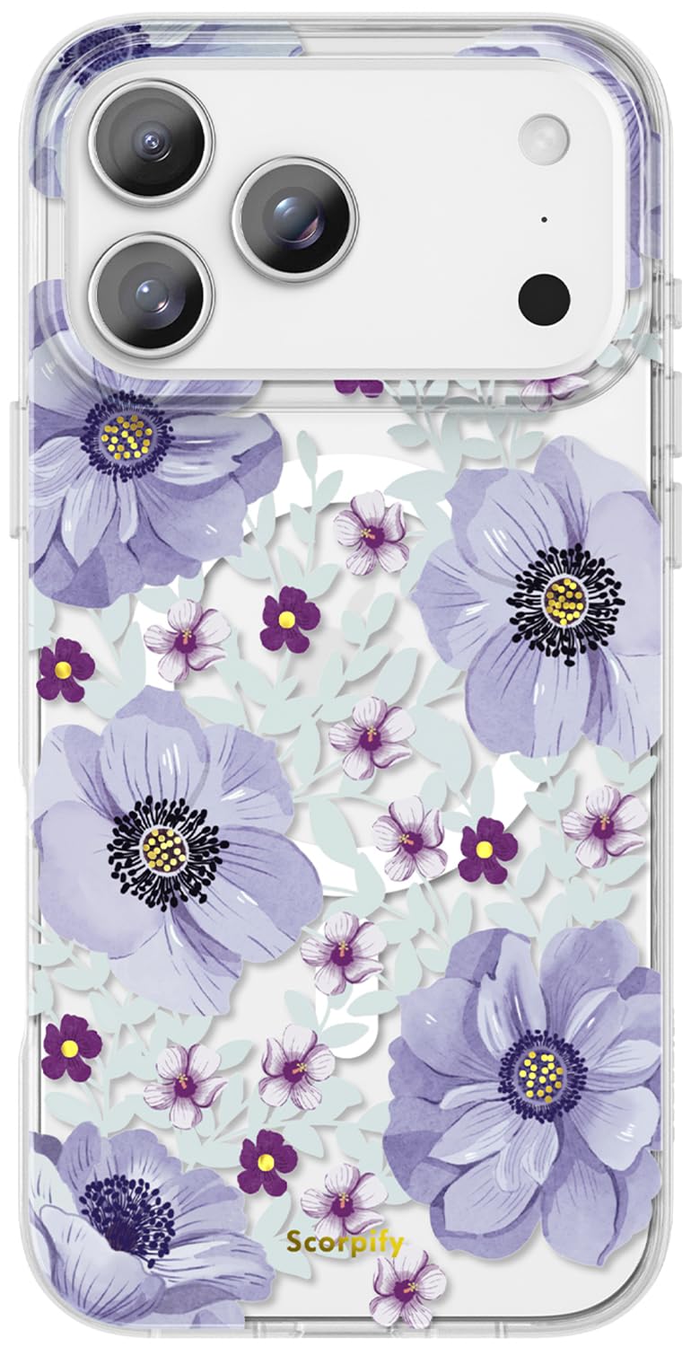 SCORPIFY for iPhone 17 Pro Case [Compatible with MagSafe] with Purple Anemone Floral Design, Cute Clear Flower Phone Magnetic Cover for Women Girls, Slim Bumper with Gold Accents