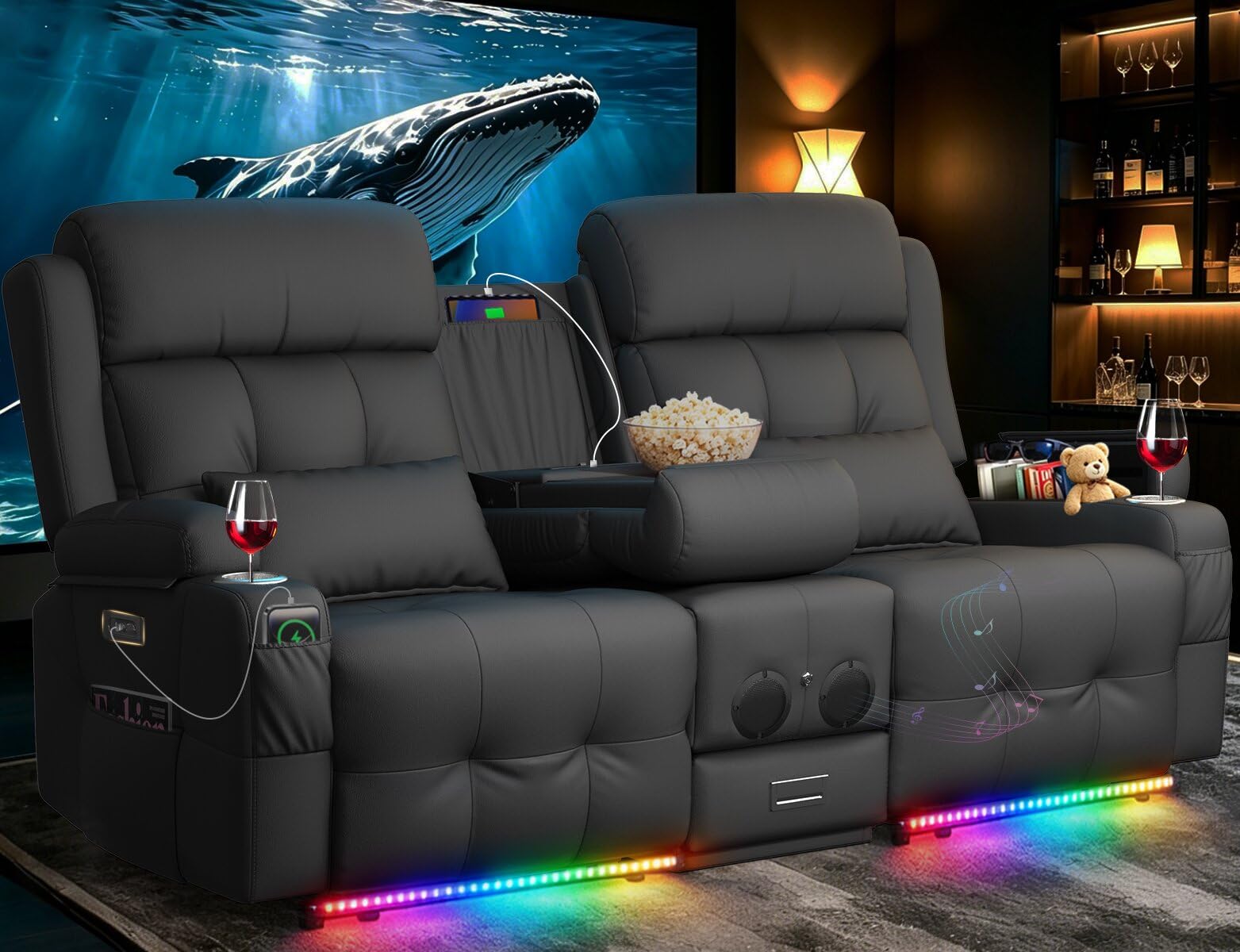 Home Theater Seating, Power Loveseat Recliner Sofa with Massage &amp; Heat