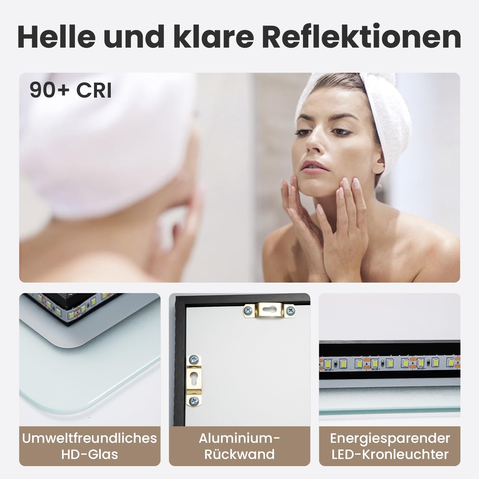 Youyijia LED Badspiegel mit Beleuchtung, 70 x 50 cm Wandspiegel Badezimmerspiegel Kaltweiß 6000K Energiesparend Lichtspiegel