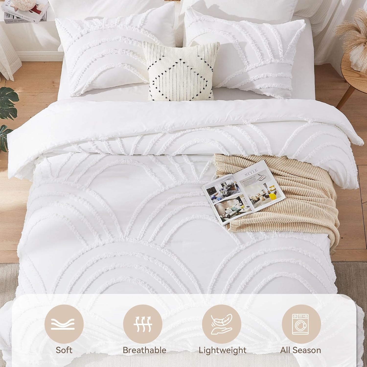 ENJOHOS White King Comforter Set - Boho Tufted Bedding Comforter Sets, Boho Chic Decor, Fluffy Jacquard Rainbow Bedding for All Season, 3 Pieces Lightweight Soft Farmhouse Bed Set - Image 3