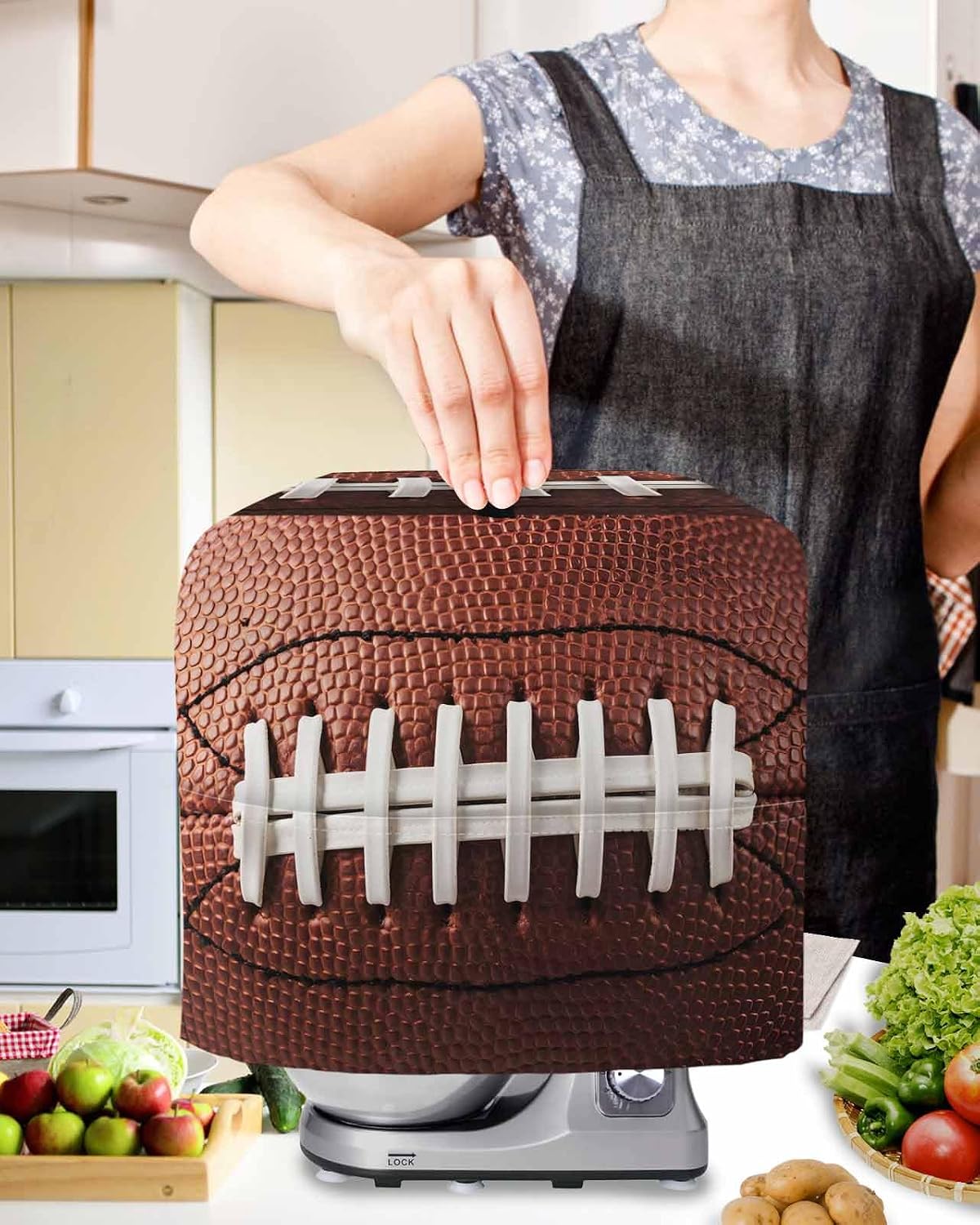 American Football Laces Stand Mixer Cover with Storage Pocket, Waterproof Kitchen Mixer Covers, Classic Rugby Sports Kitchen Appliance Dust Cover Compatible with 4/4.5 Quart Mixers