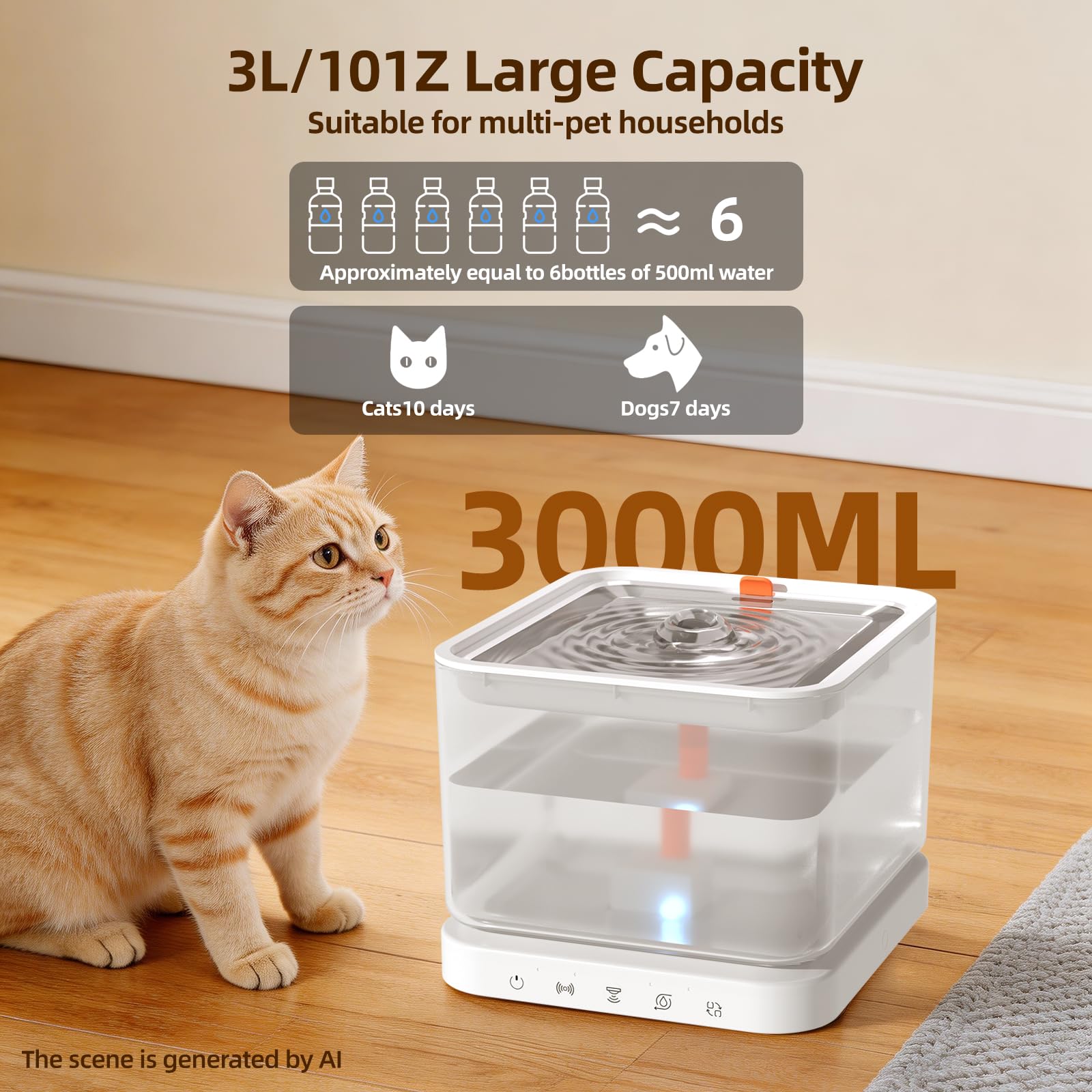 Fuente de agua inalámbrica para gatos, fuente de agua para gatos de 3.2 litros, gran capacidad, funciona con pilas, fuente de agua para mascotas para interiores con sensor de movimiento para gatos y