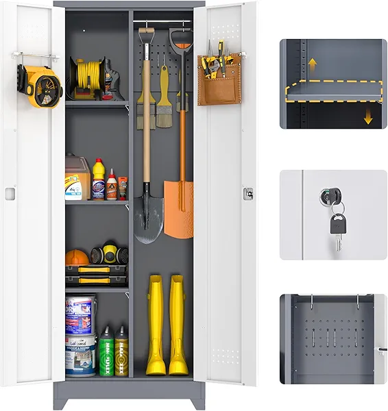 GREATMEET 65" Garage Storage Cabinet, Broom Closet Storage Cabinet, Metal Cabinets with Doors and Shelves, Utility Closet for Brooms and Mops, Utility Cabinets for Storage, Grey&White