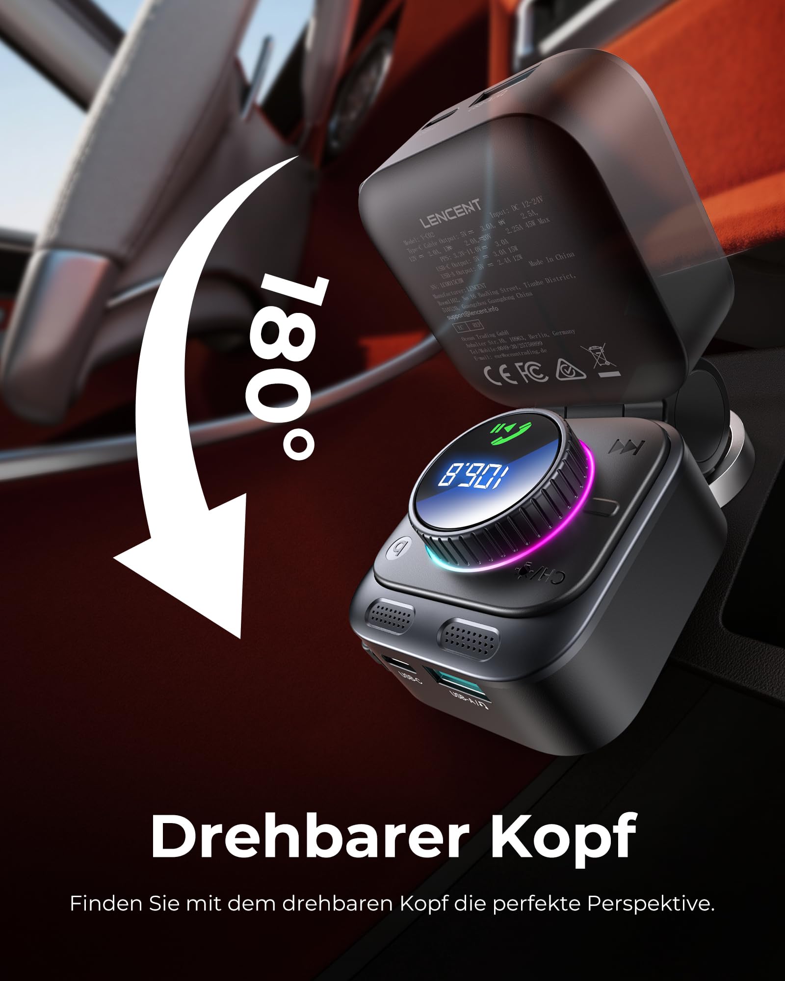 LENCENT 72W FM Transmitter Auto Bluetooth 5.4, Bluetooth Adapter Auto mit ausziehbarem Ladekabel, Zigarettenanzünder USB-C, Bass & Freisprecheinrichtung, Musik Adapter, 180° drehbar für iPhone 16/15