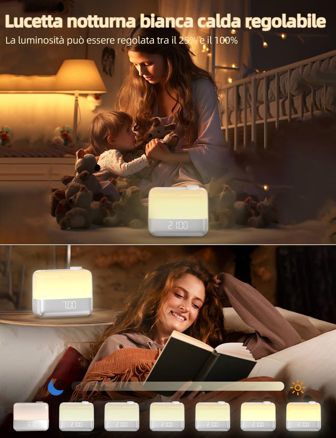 Sveglia digitale per camera da letto: luce sveglia all'alba, luce notturna a 8 colori, doppio allarme forte per chi dorme pesante, snooze 9 minuti, 6 suoni, 7 volumi, batteria ricaricabile da