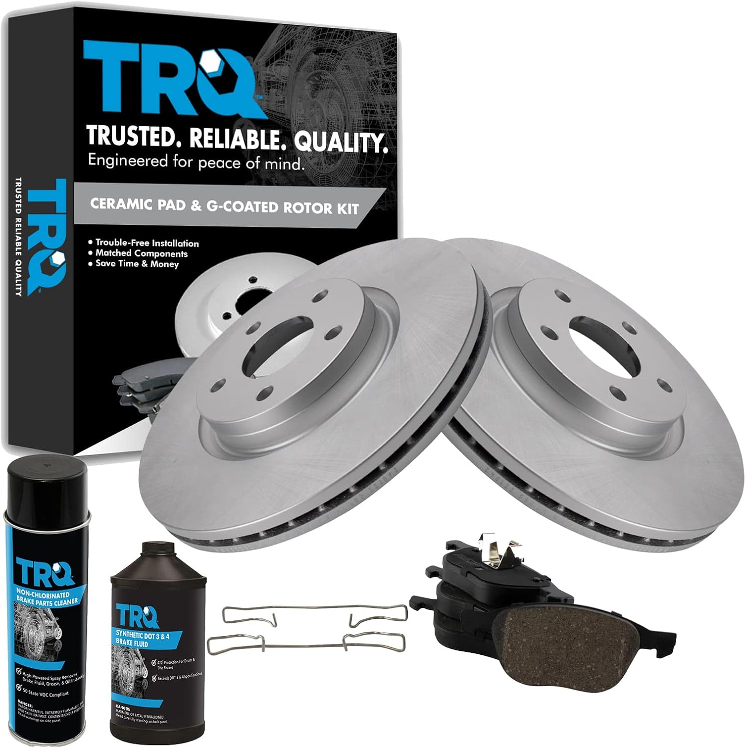 TRQ Front Ceramic Brake Pad & Coated Rotor Kit w/Fluids Compatible with Volvo C30 C70 Ford