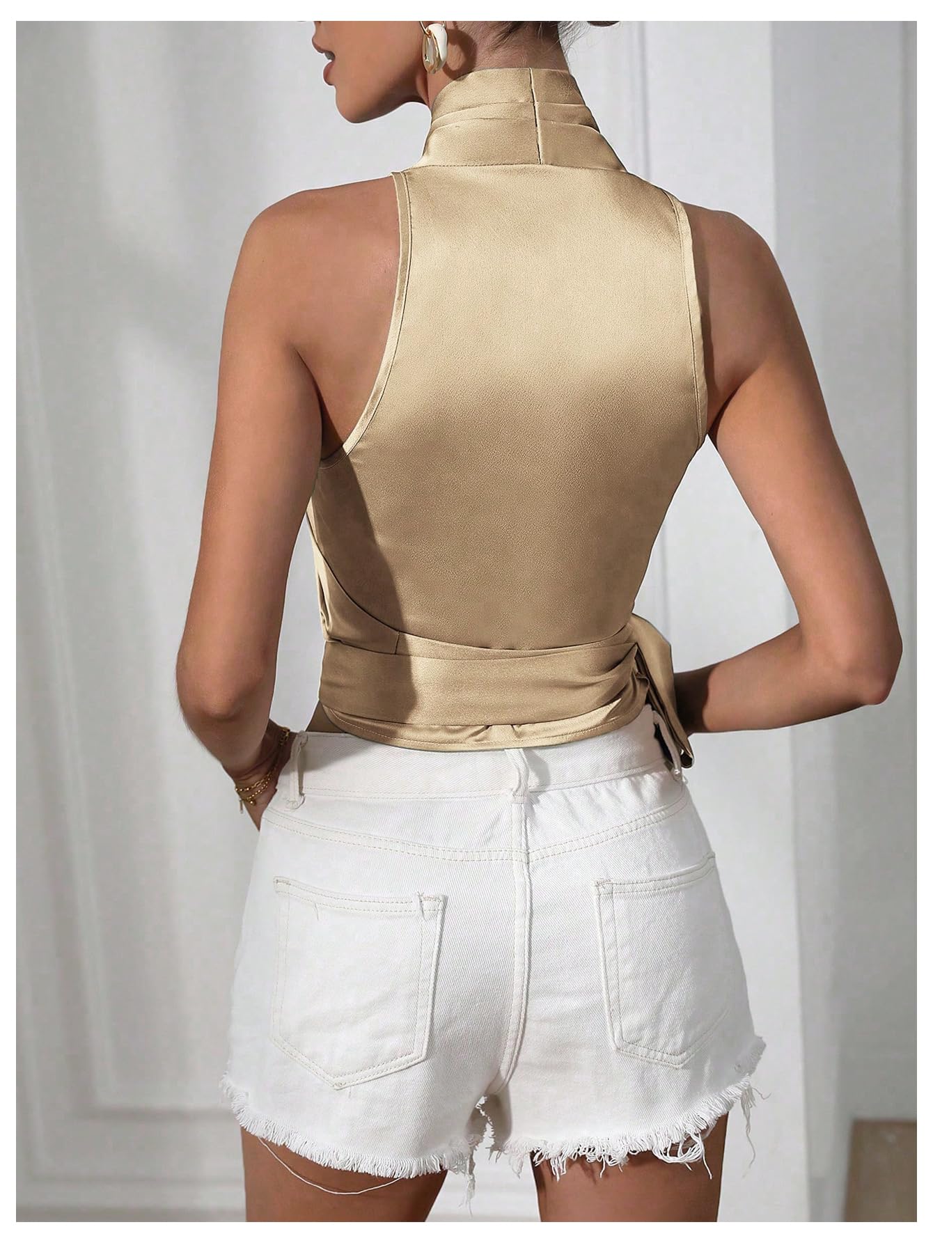 MakeMeChic Women's Satin Blouse Wrap V Neck Sleeveless Tie Side Summer Elegant Crop Tops