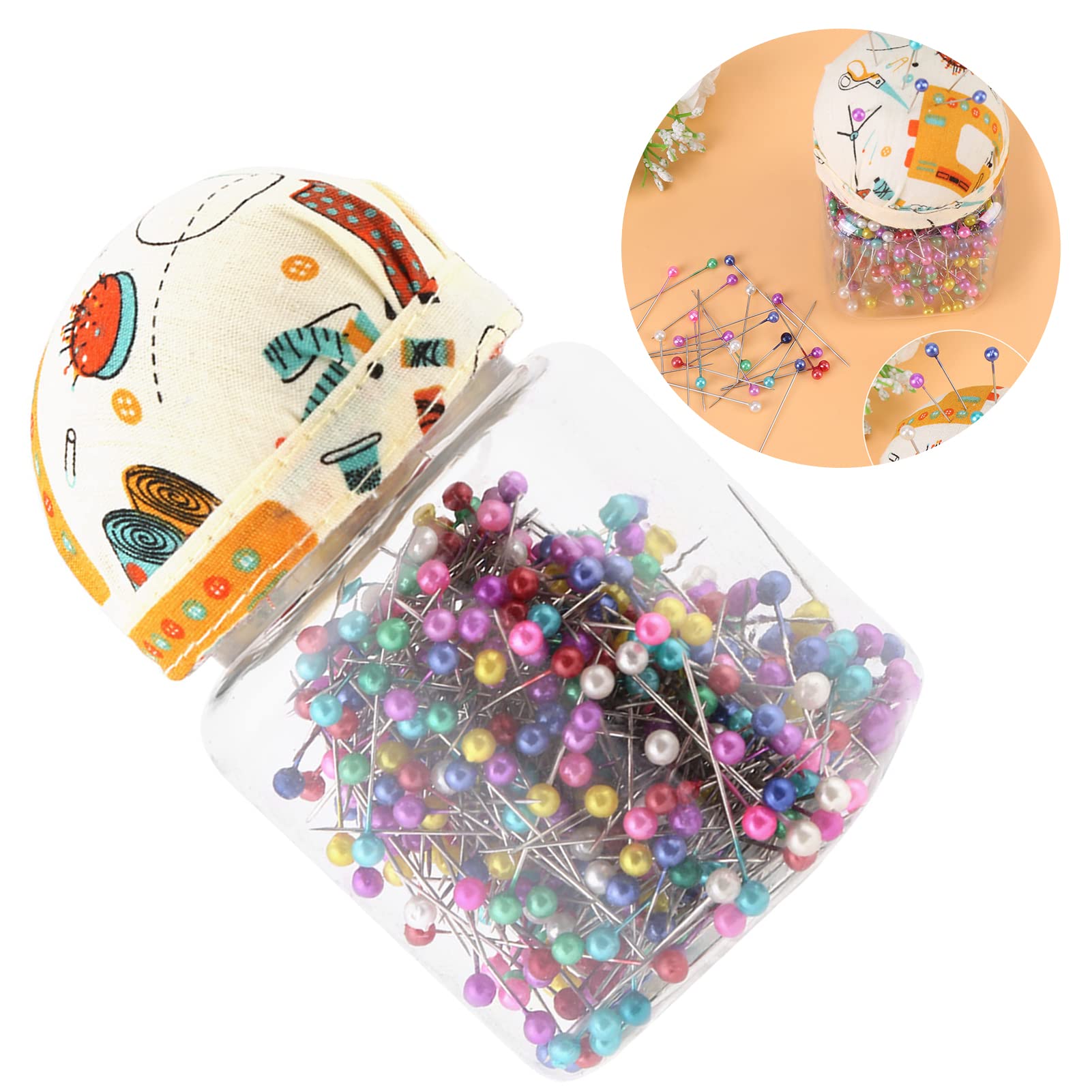 Premium Quilting Pins with Orange Pin Cushion Bottle Good for Sewing and Dressmaking Featuring MultiColor Bead Heads - 500 Pcs for Crafting Projects