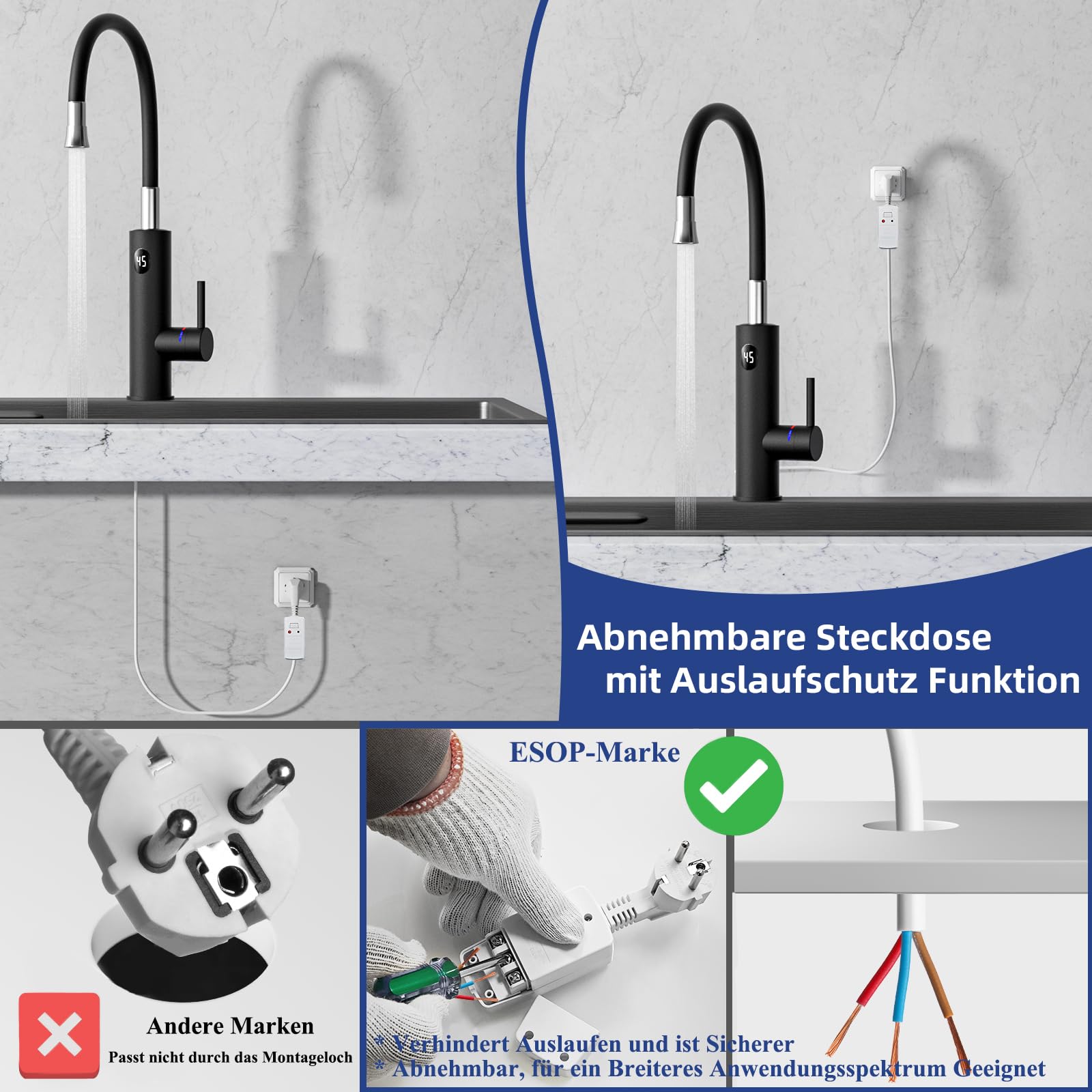 Wasserhahn mit Durchlauferhitzer Küche, 3200W Elektrischer Wasserhähne Sofort Heißes Küchenarmatur mit Flexibler Auslauf und LCD Temperaturanzeige, 360º Drehung Schnellheizungshahn Armatur, Schwarz