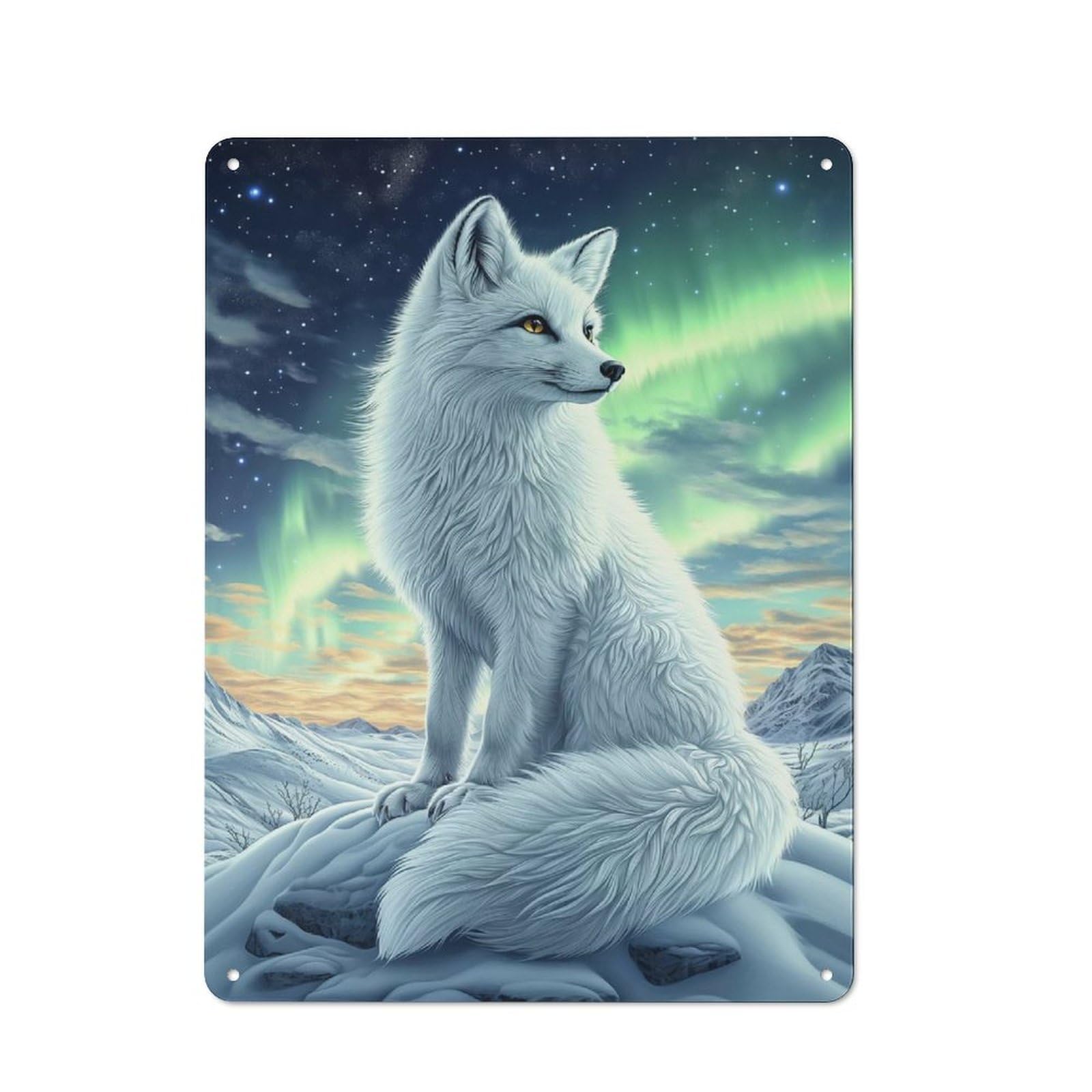 Metal Plaque with Art Fox Under Aurora Borealis Design 40x30cm, Country Style Cafe Wall Decor for Bakery, Diner, Cafe Or Family Room
