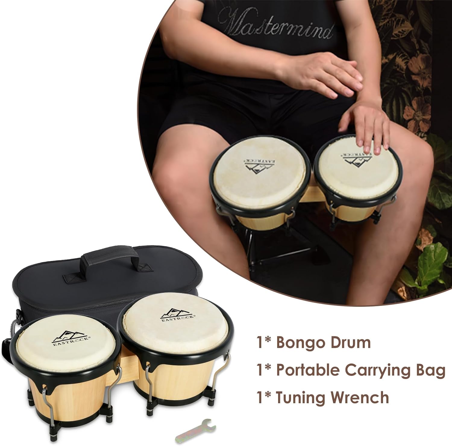 EASTROCK Bongo Drum 6″ and 7″ Set for Beginners Students Adults Professionals, Natural Animal Skin Heads, Solid Wood Shell, Tunable Drum Percussion Instruments Bongos with Bag and Tuning Wrench-Wood