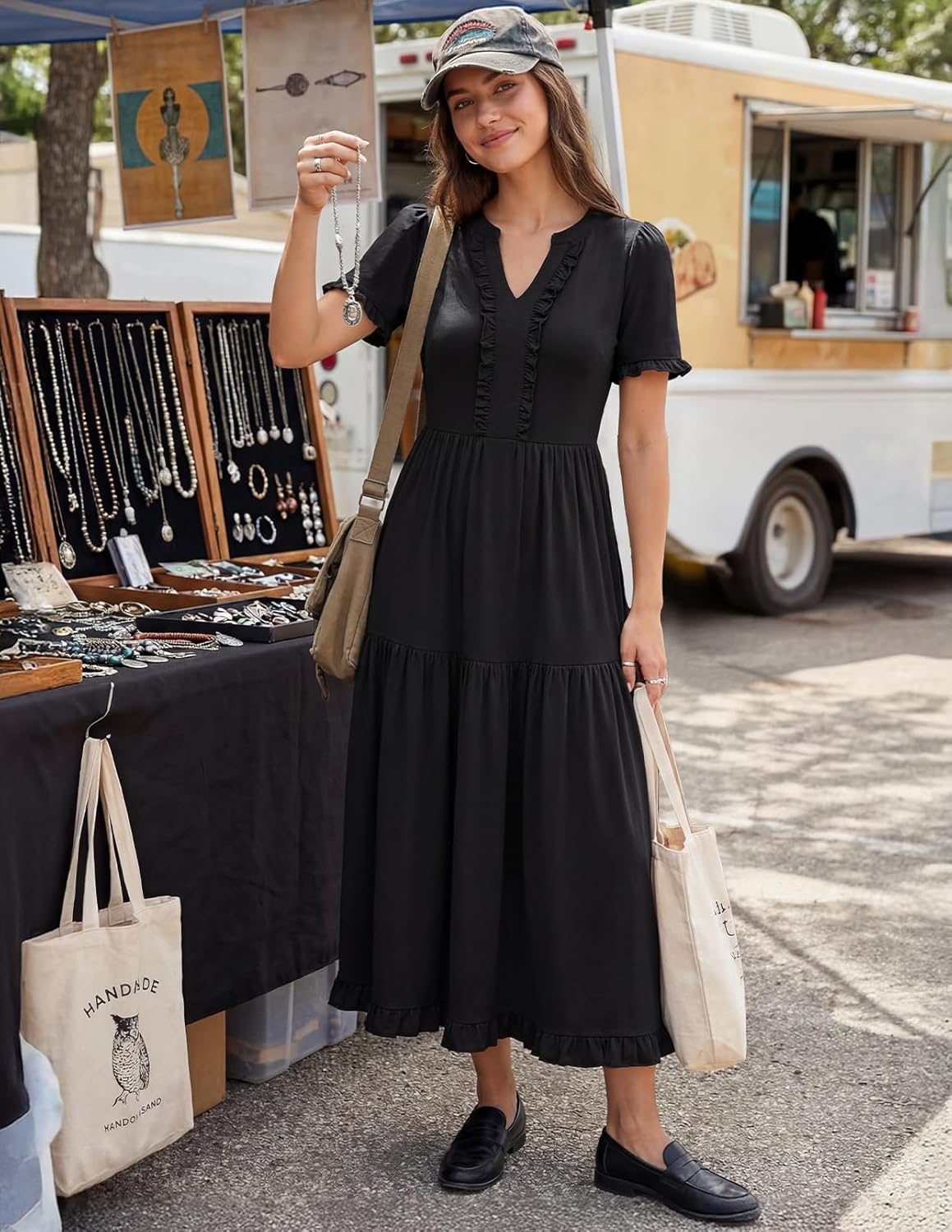 MEROKEETY Women's 2026 Summer Casual Midi Dress Short Sleeve V Neck A Line Flowy Tiered Vacation Beach Dresses - Image 3