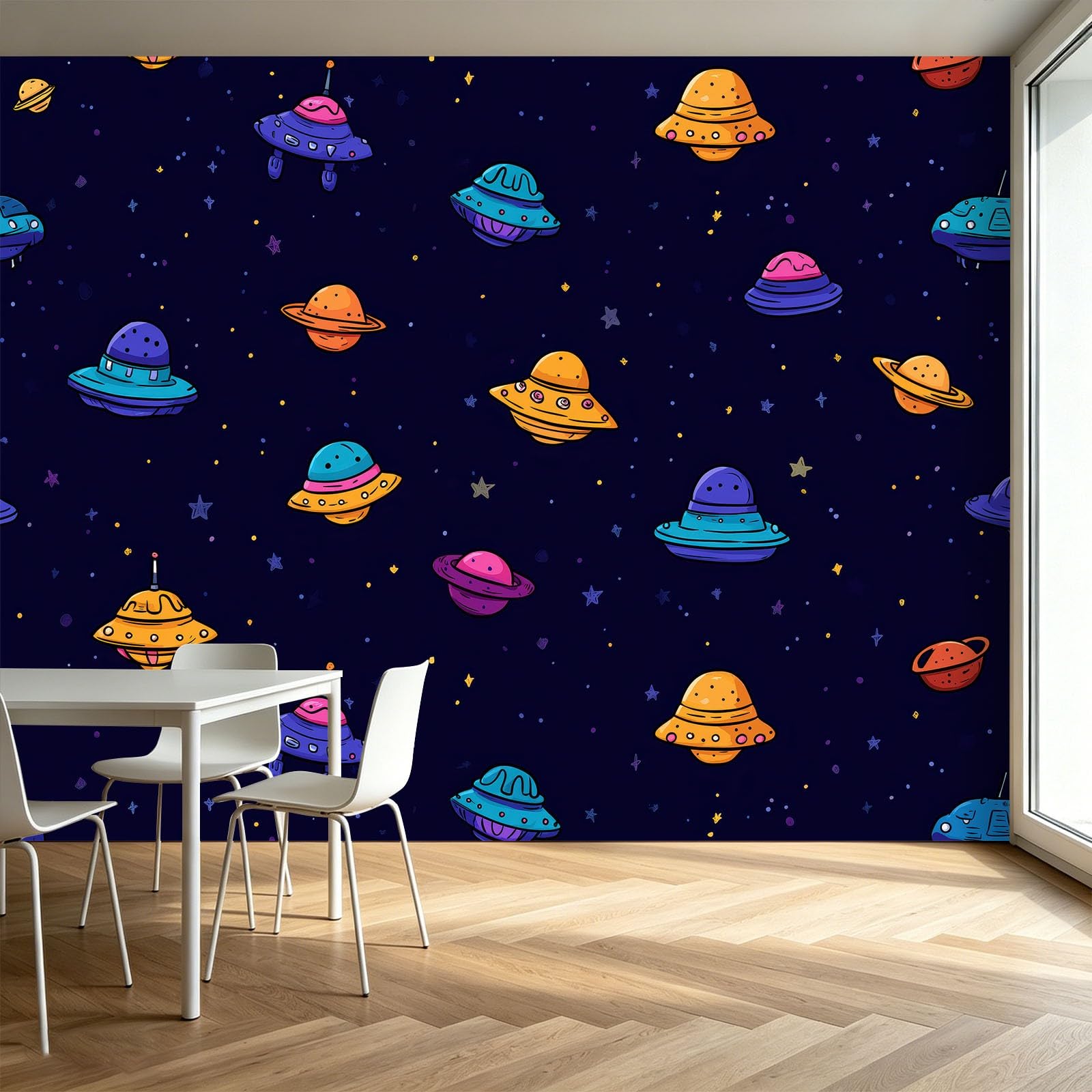 Tapeta z włókniny w stylu kreskówkowym Doodle - Panoramiczny Statek Kosmiczny Kosmiczny Planety Obrazy Zdjęcia, Fototapeta do salonu Dekoracja pokoju dziecięcego 350 x 256 cm