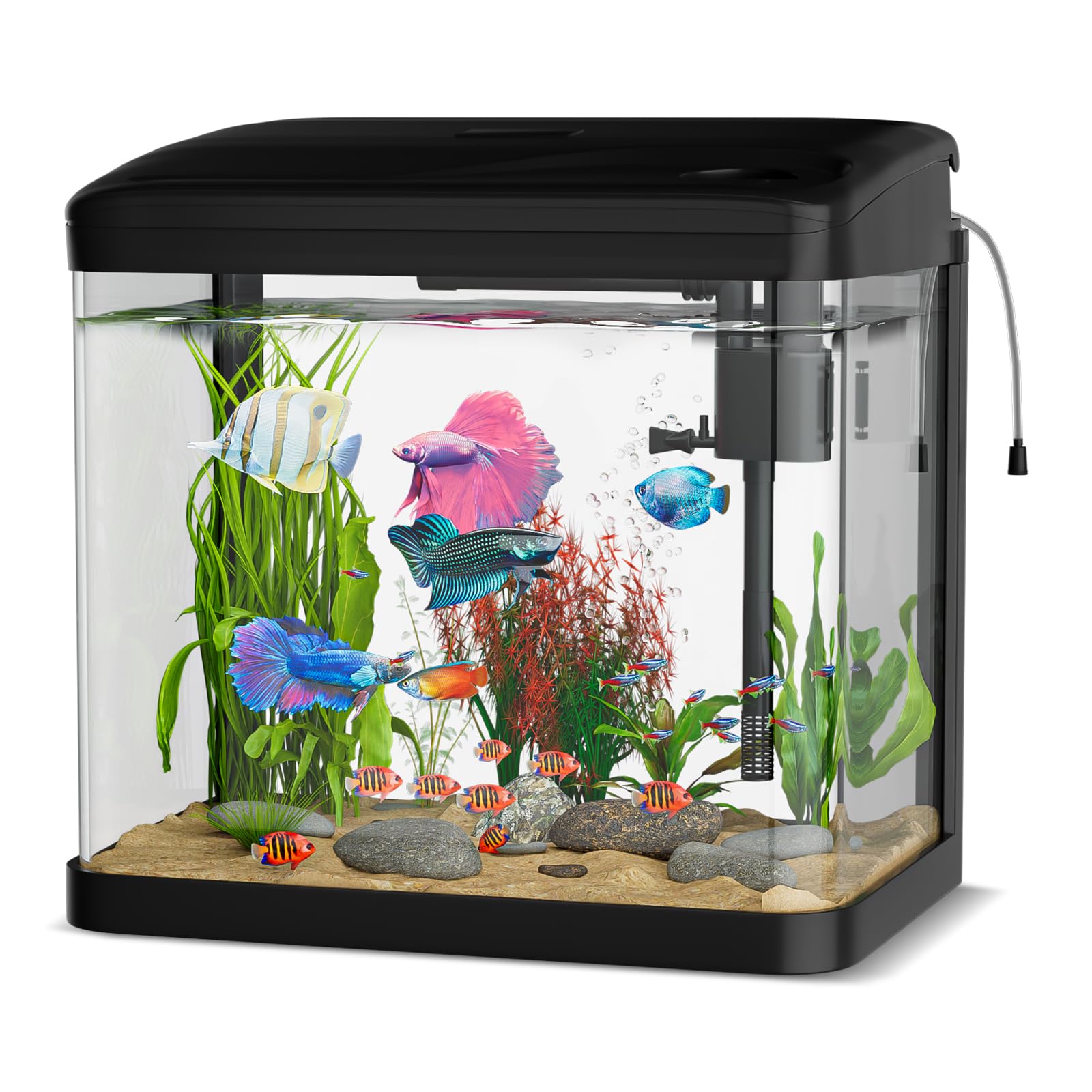 Acuario de Cristal, GuKKK Acuarios y Peceras Completas,Pecera con Sistema de Filtrado Integrado e Iluminación LED,Bajo Ruido y Silencioso,Acuarios de Iniciación, Negro (15L)