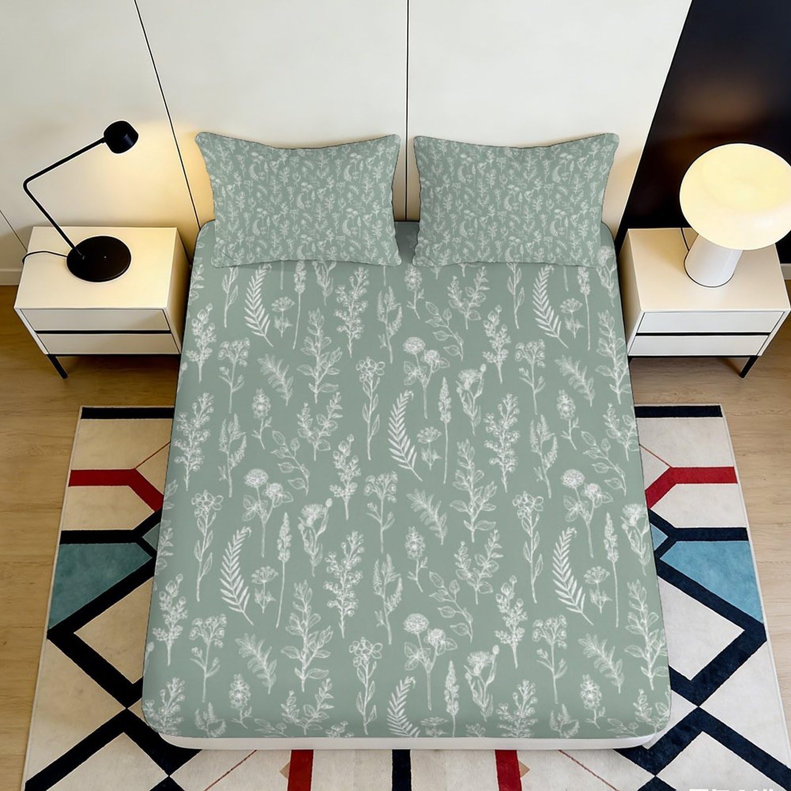 3D Printed Botanical Leaf Fitted Sheet Microfiber Soft Breathable Abstract Plant Mattress Cover for Bedroom Guest Room Dorm Decor 90x200x25cm