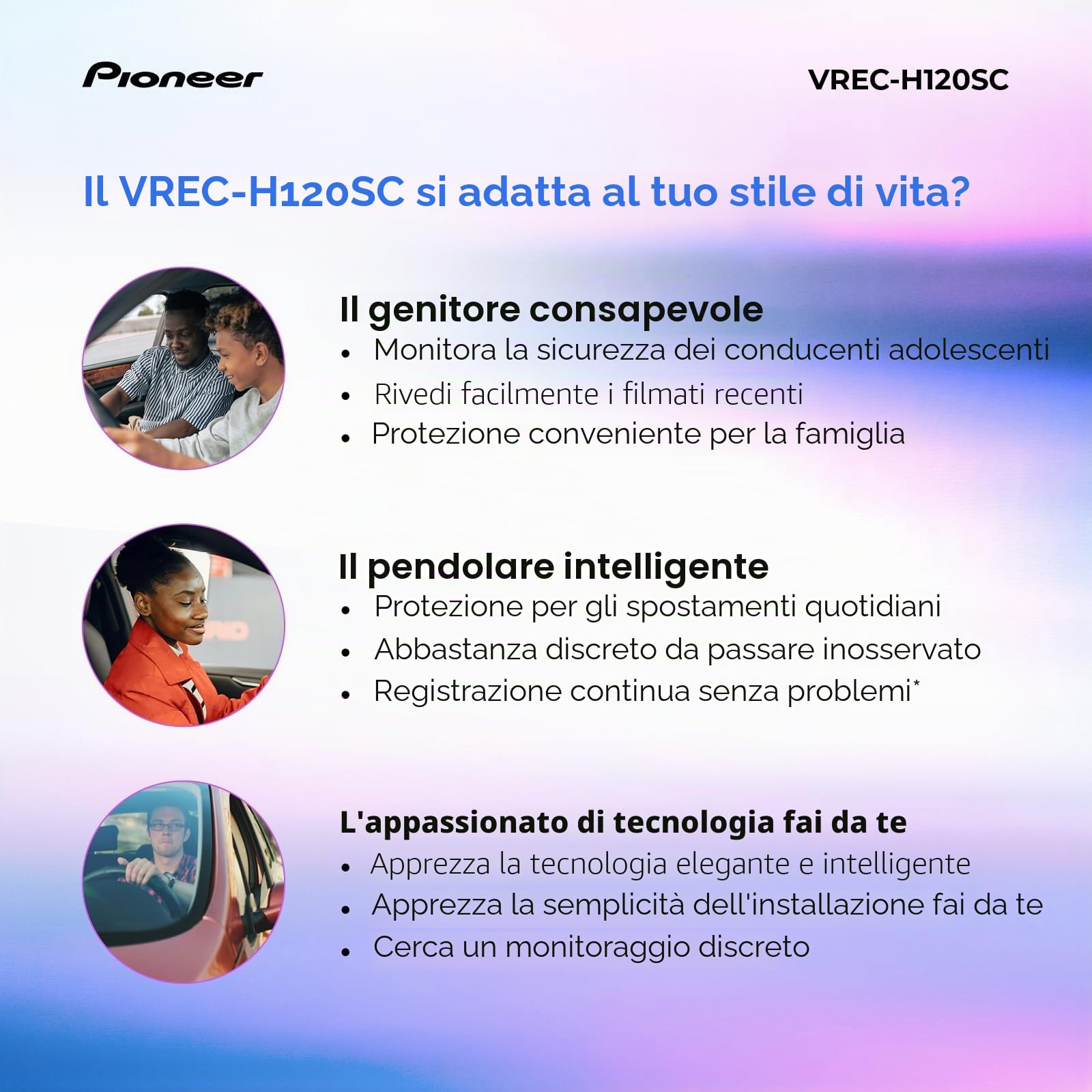 Pioneer VREC-H120SC - Telecamera da cruscotto compatta, discreta risoluzione 1,5 K per auto con rilevamento degli impatti, copertura grandangolare a 120 gradi, WiFi integrato, app Companion, USB-C