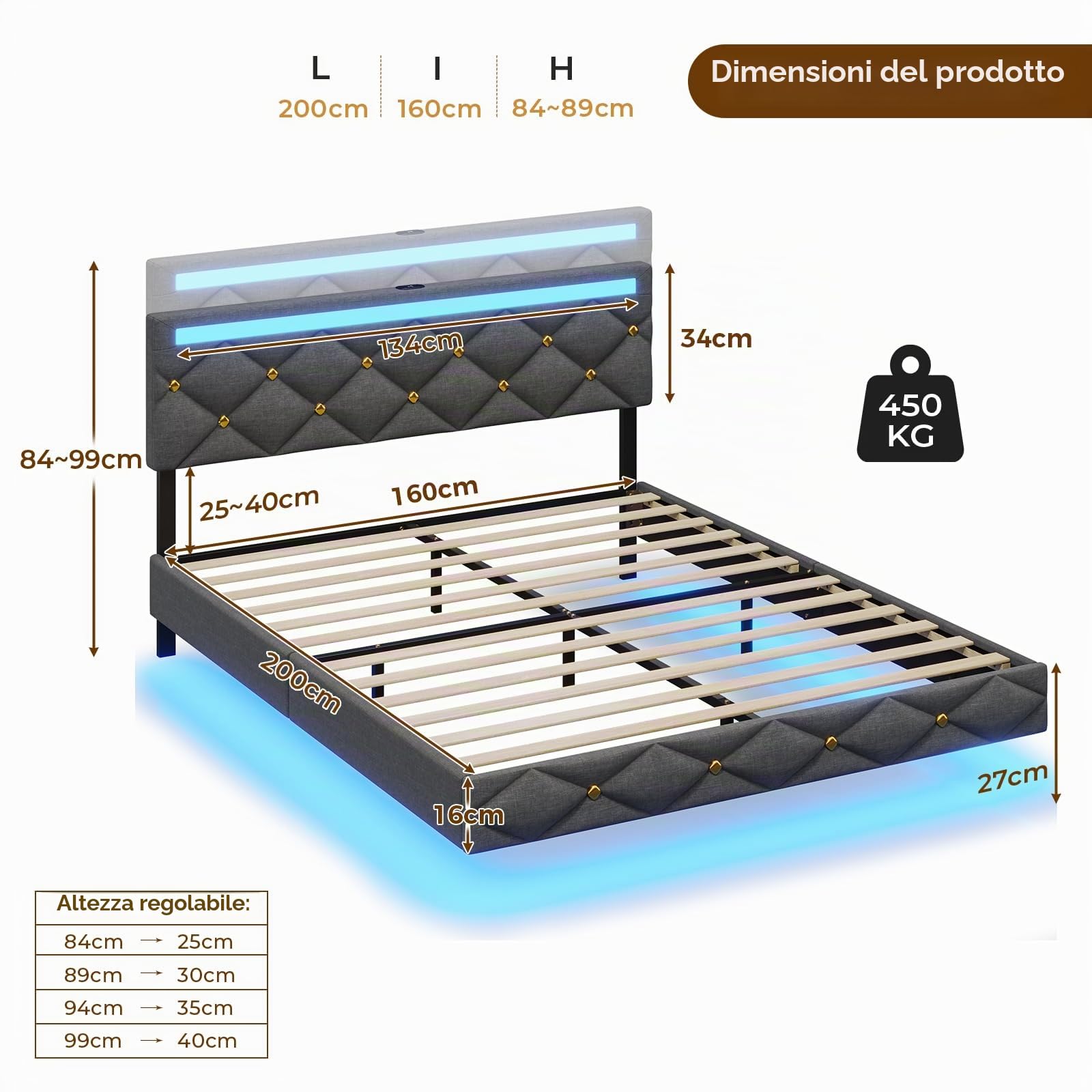 DICTAC Letto 160 x 200 cm, con illuminazione a LED e stazione di ricarica USB, moderno letto matrimoniale 160 x 200 cm, con rete a doghe e testiera alta, struttura del letto in grigio scuro e tessuto