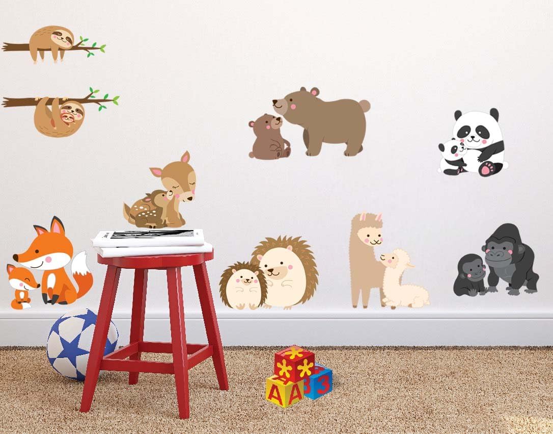 rainbowstik Woodland Animal Family Wall Decal Jungle mom and Baby Nursery Wall Decor Stickers Kids Bedroom Vinyl Art Mural