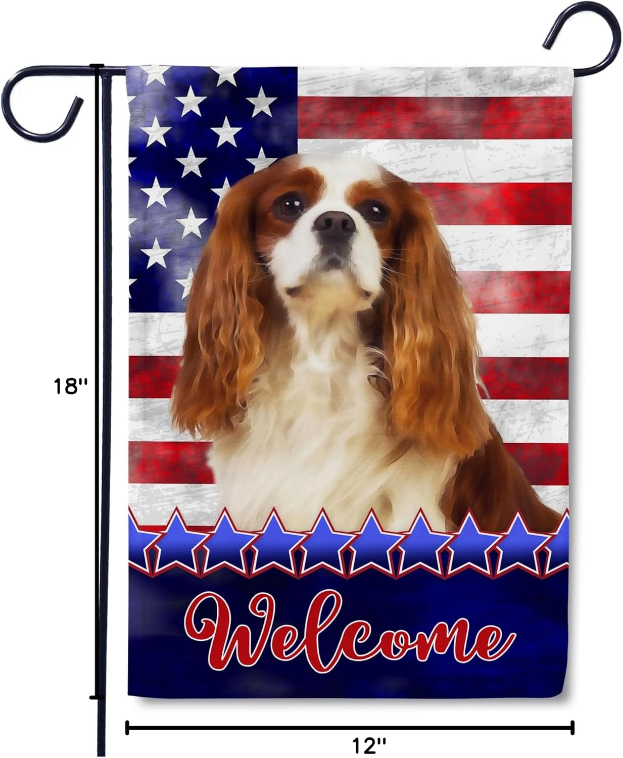 Flagology, Stars and Stripes Blenheim Cavalier King Charles Spaniel – Garden Flag 12" x 18", Outdoor Flag, Exclusive Premium Fabric, Patriotic, July 4th, Dog, Cavie