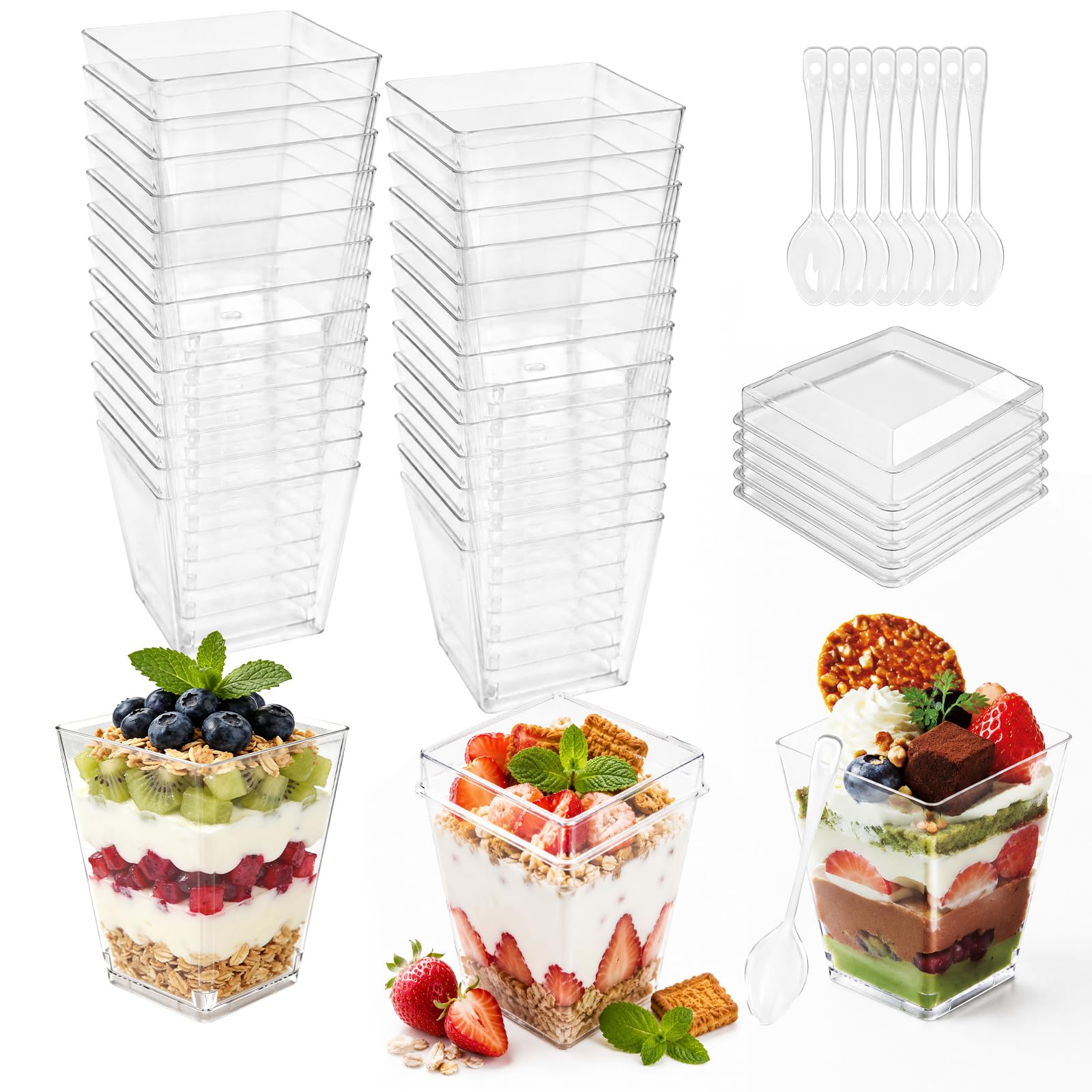 50 Piezas Reutilizables Vasos para Postres con 50 Reutilizables Cucharas,160ml Tazas de Postre con Tapa,Vasitos Para Postres para Plastico,Helado,Pudín,Mouss