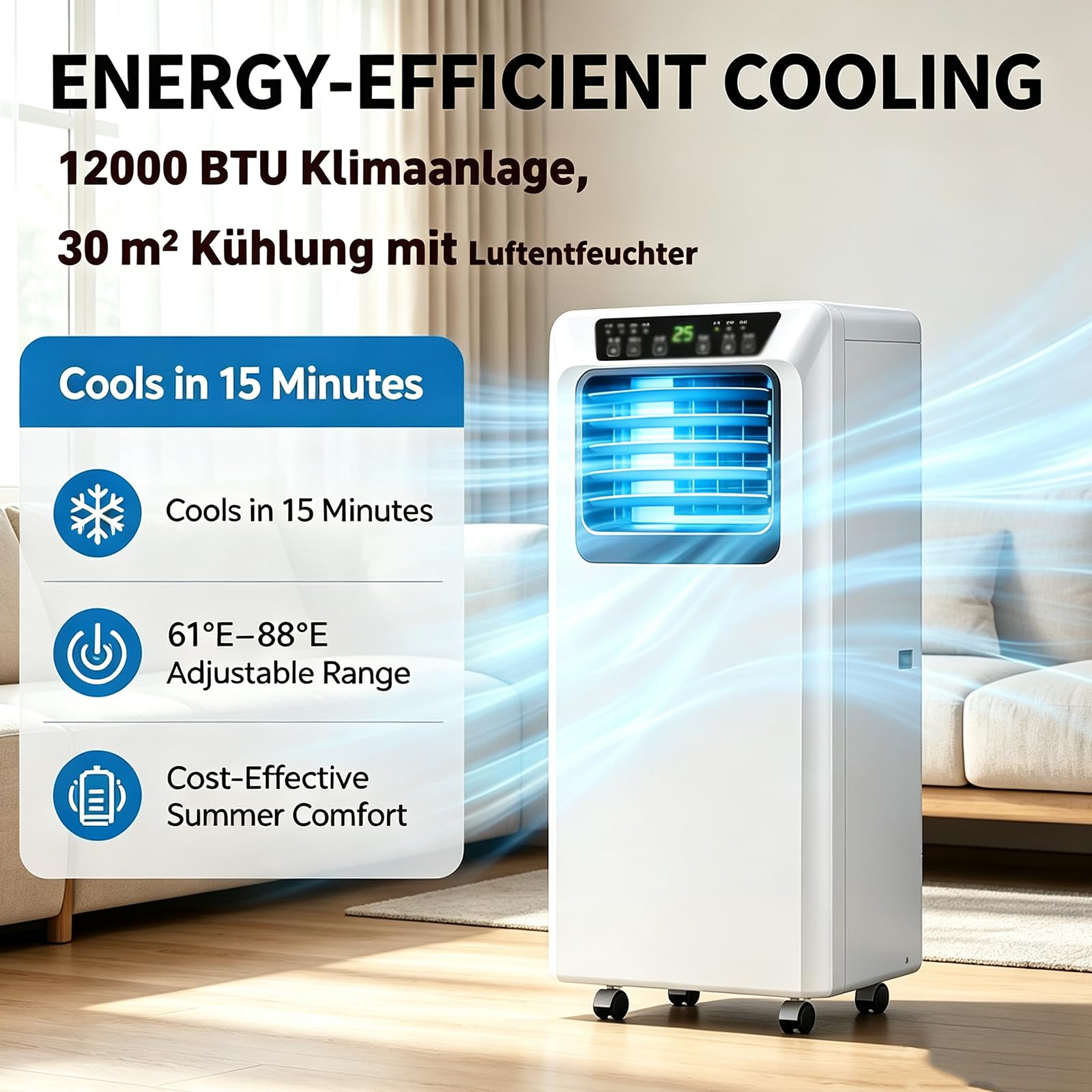 Tragbare Klimaanlage, 12000 BTU, kühlt 30 m² Raum mit Luftentfeuchter, Ventilatormodus, Sp-Timer, Fernbedienung, leicht zu bewegen, Rollen für Zuhause, Büro, Wohnzimmer, Schlafzimmer
