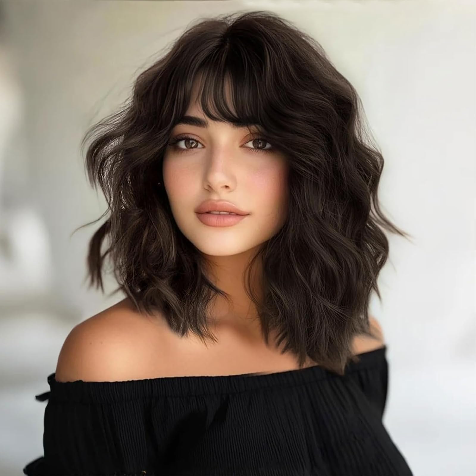 Lativ Dark Brown Wigs for Women Bob Wig with Bangs Curly Wavy Short Wig Heat Resistant Shoulder Length Natural Synthetic Hair 14 Inches for Daily