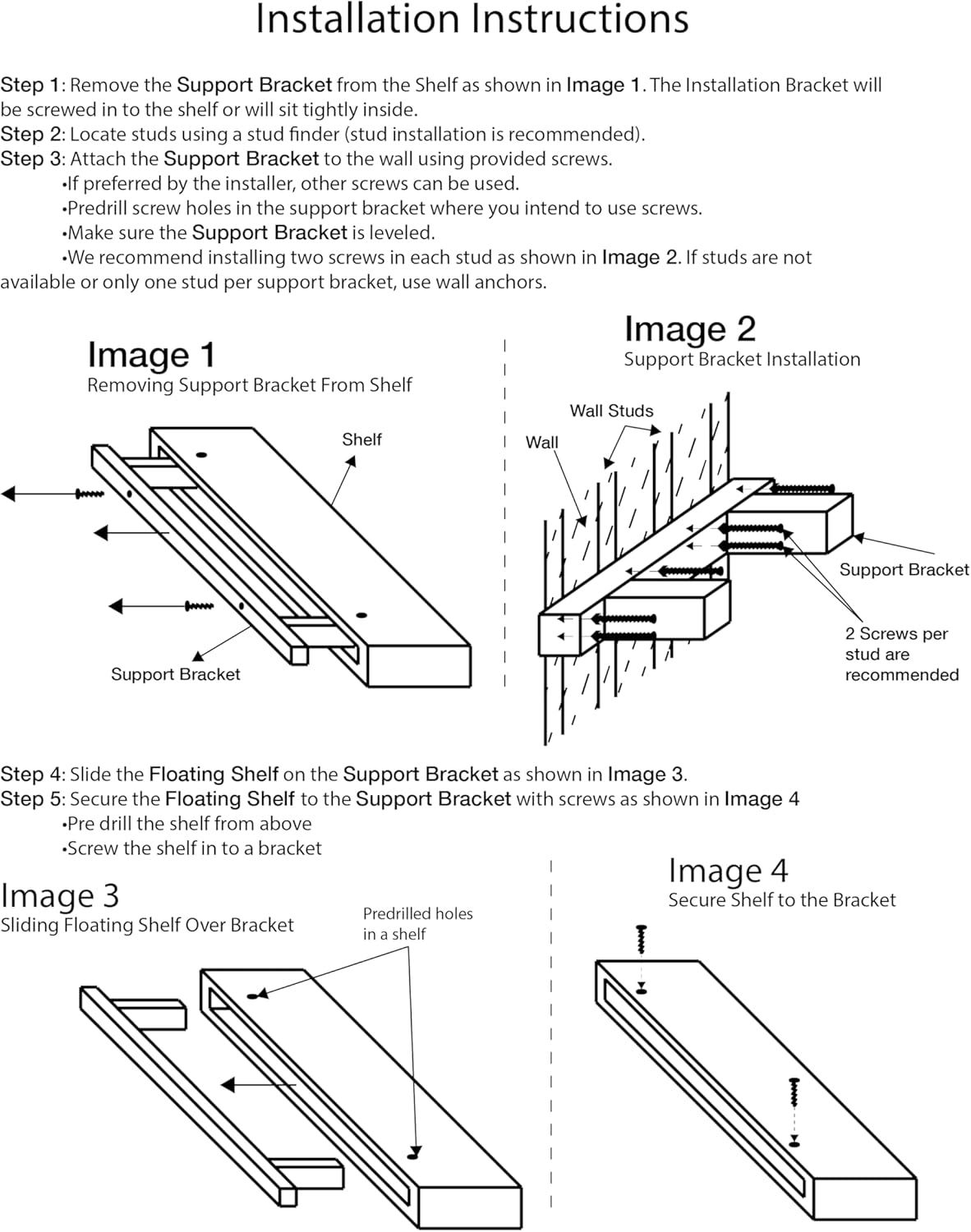 Detailed diagram illustrating the steps for installing Urbandi floating shelves, including removing the bracket, attaching it to studs, sliding the shelf on, and securing it.