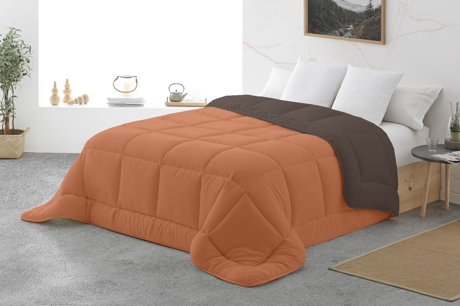 Energy Colors Textil - Hogar - Oshawa - Relleno Nórdico 400 gr Reversible Liso Tacto Pluma Otoño/Invierno (Naranja - Marrón, 220_x_220_cm) Cama 135