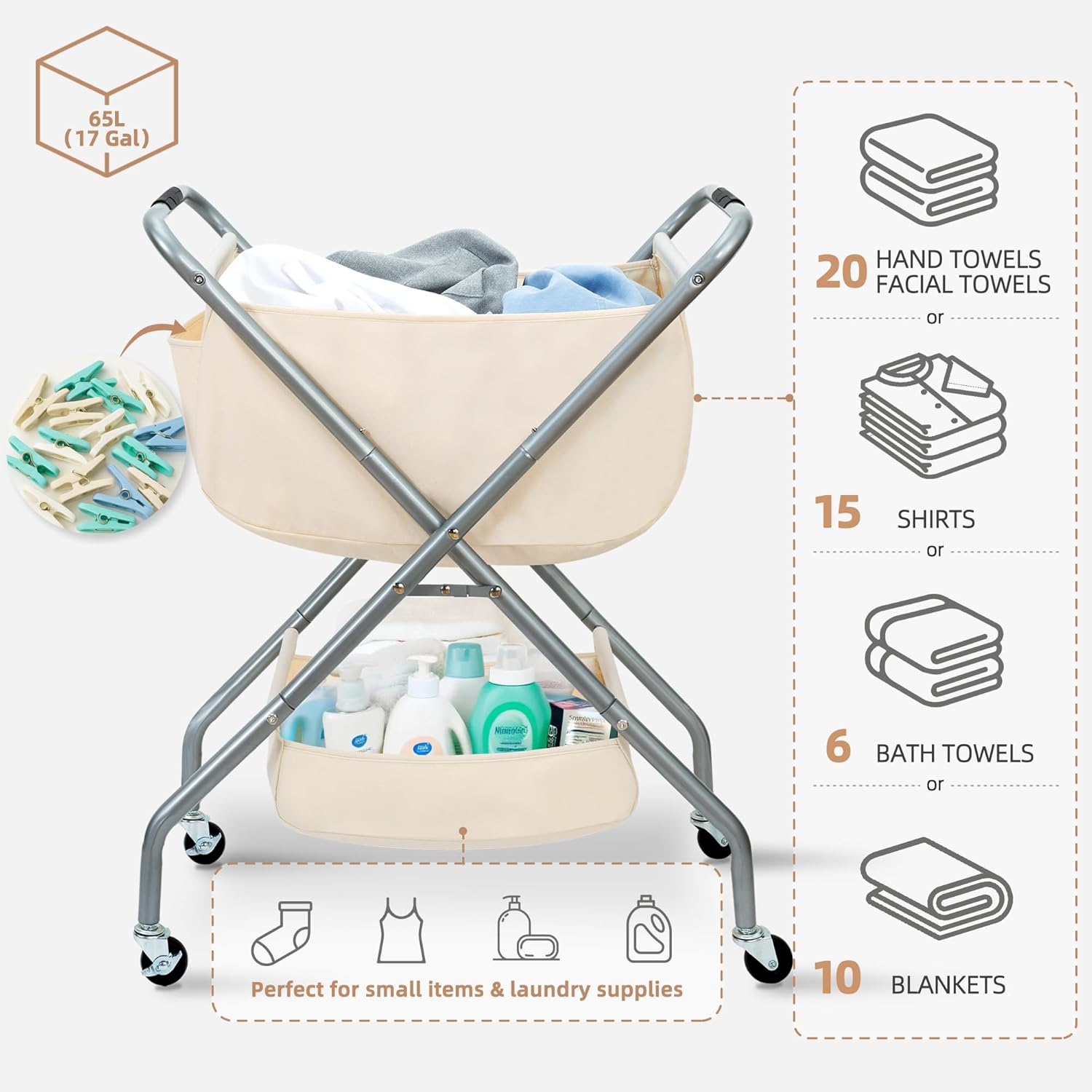 STORAGE MANIAC Collapsible Laundry Cart with Wheels 31.5"H Rolling Laundry Hamper Clothes Basket with Wheels, Canvas Liner Sturdy Steel Frame Folding for Small Narrow Space Easy Storage, Beige