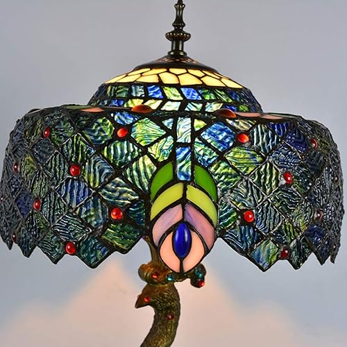 Miniatura 3 de Lámpara de mesa Tiffany de pavo real, lámpara de escritorio con base de resina retro, pantalla de pavo real para sala de estar, dormitorio,