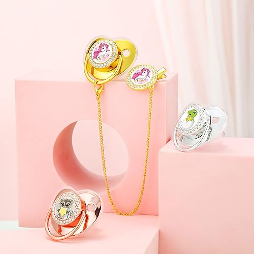 Miniatura 5 de Juego de chupete de sublimación de 3 piezas con nombre personalizado para bebé, clip para chupete con purpurina, decoración de cristal artificial