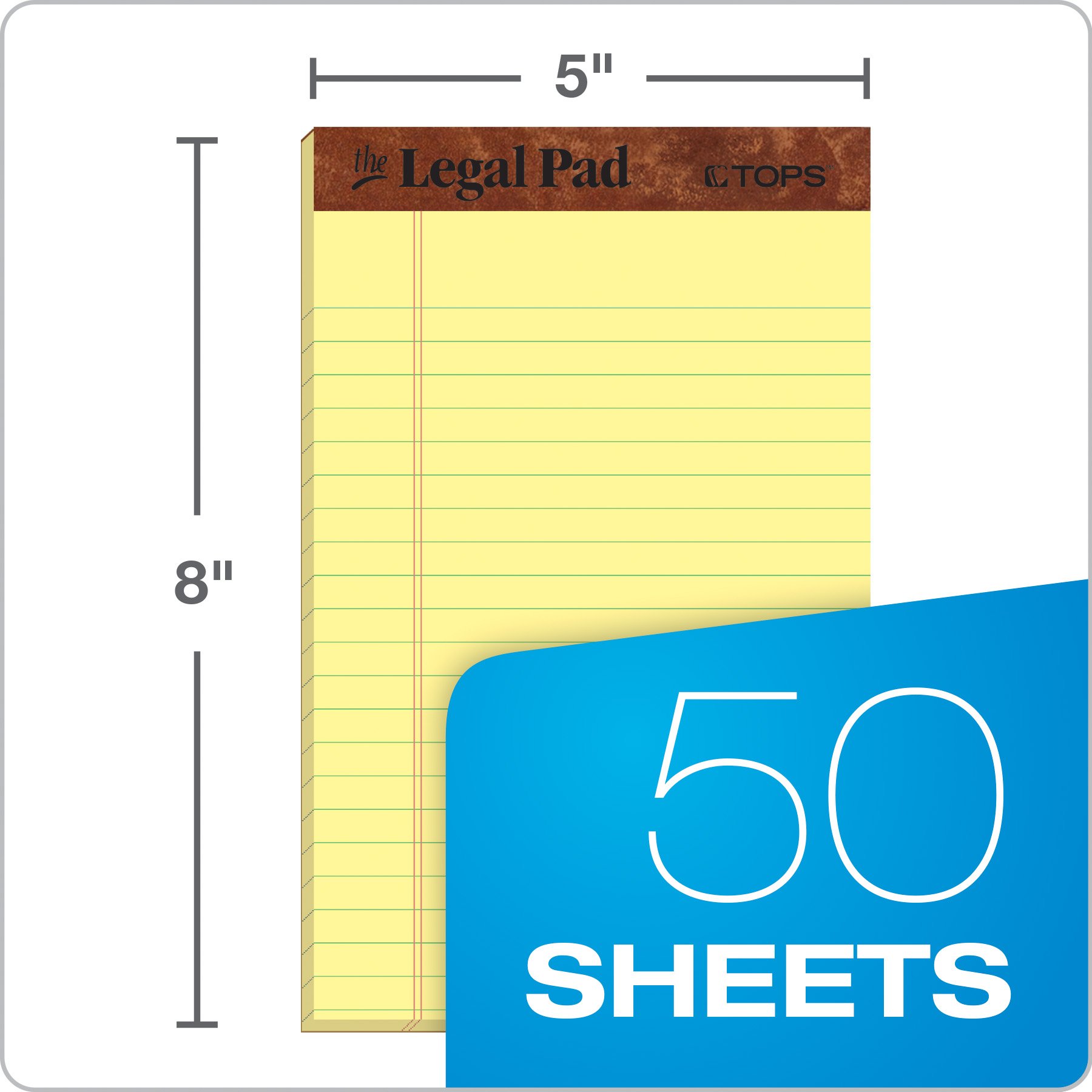 TOPS The Legal Pad Legal Pad, 5 x 8 Inches, Perforated, Canary, Narrow Rule, 50 Sheets per Pad, 5 Pads per Pack (75017)