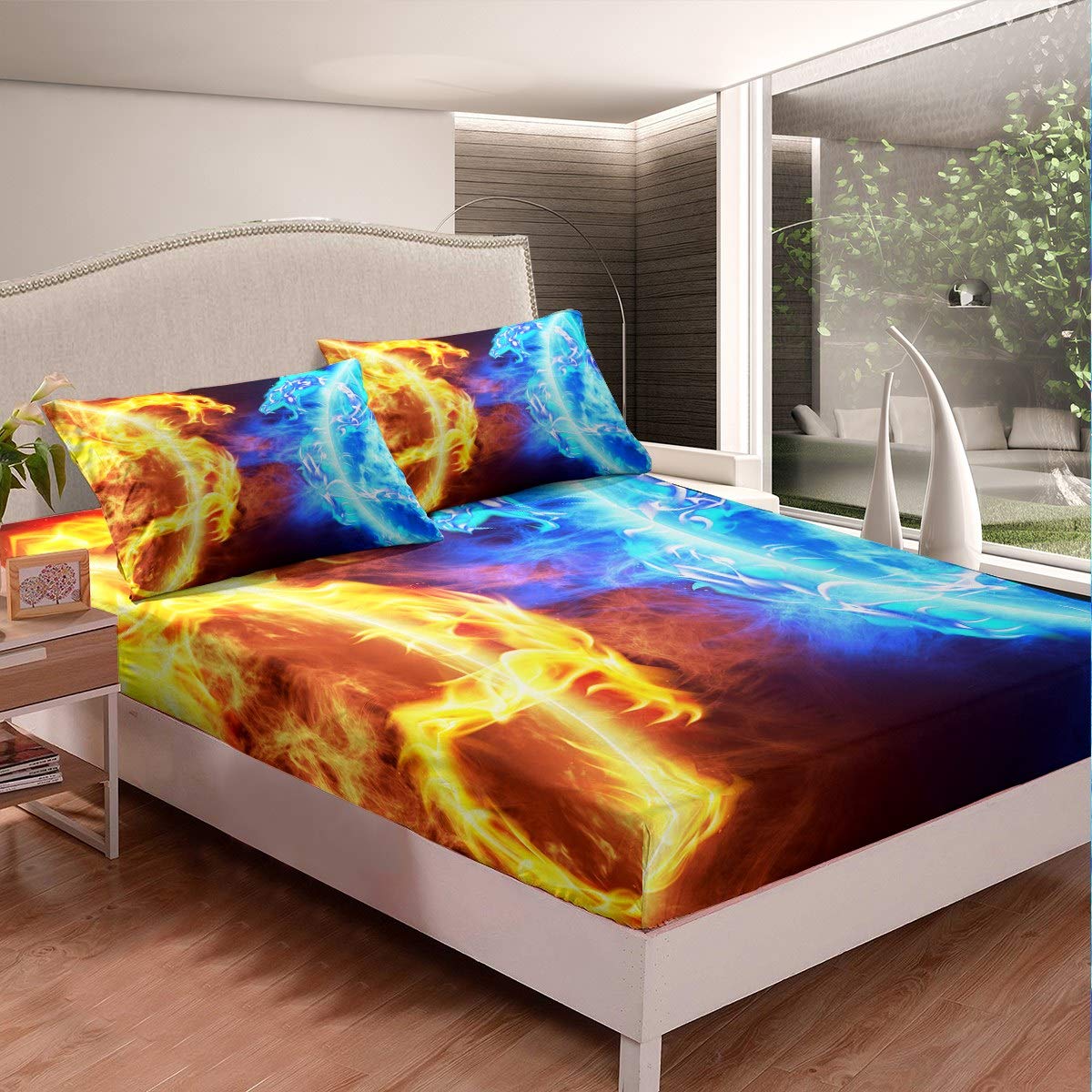 Ice Fire Dragon Fitted Sheet Set for Boys Teens Kids Oriental Beast Printed Bedding Set Eastern Bed Sheet Set Set Auspicious Animals Fairy Tale Theme Room Decor 3Pcs Bed Cover Full Size