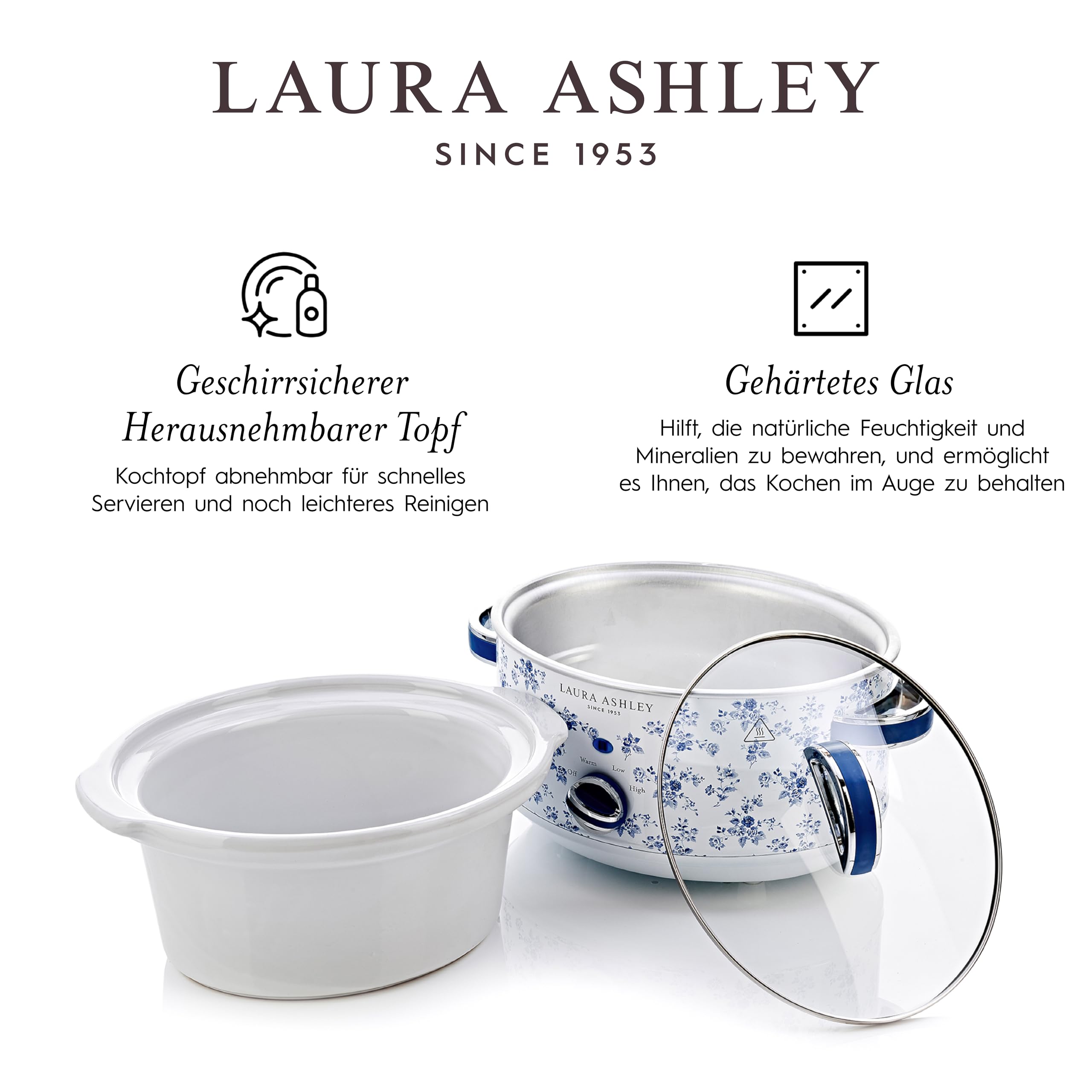Laura Ashley 6,5 Liter Schongarer mit China Rose Print von VQ - Slowcooker für 8 bis 10 Personen, Energieeffizient, mit 3 Heizstufen und Einem gehärteten Glasdeckel zur Einfachen Überwachung