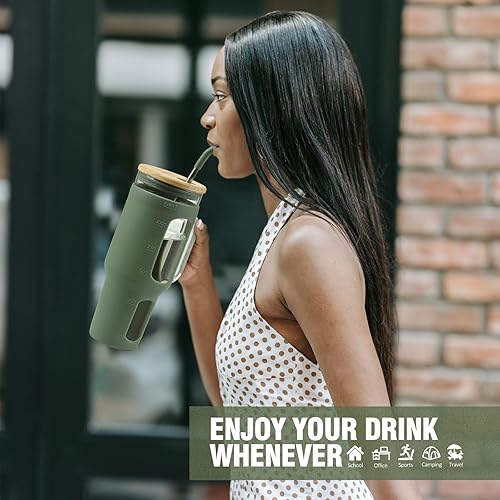 Miniatura 6 de WINSA Vaso de vidrio con tapa y pajilla, taza para café helado de 46 oz con asa, botellas de agua grandes con funda de silicona, taza de vidrio con