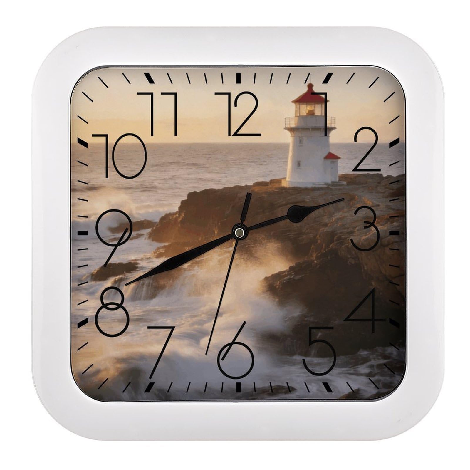 Fodpand Style Lighthouse Waves Wall Clock,Battery Operated Modern Retro Rounded Square Clock Clock For Bedroom Living Room Office Home Gym Porch Decor Indoor Outdoor 10.2 * 10.2In