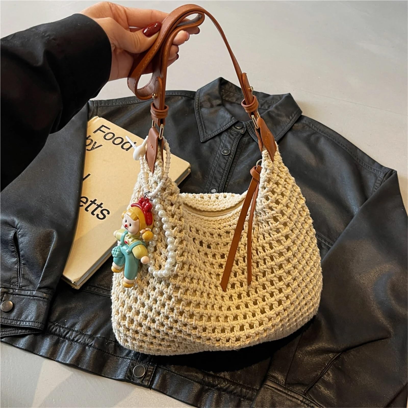 Bolso de Mano Tejido Calado Bolso de viaje paja tejido a mano gran capacidad for mujer, bolso hombro playa, verano, for, viajes, trabajo, ropa