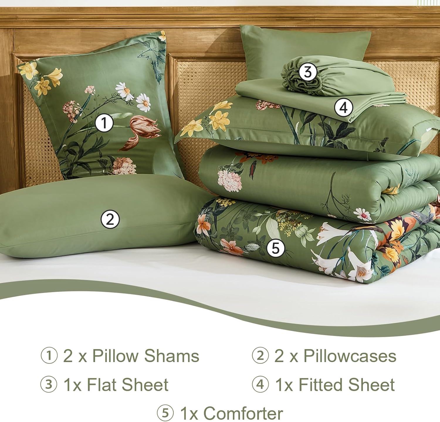 WONGS BEDDING Green Floral Comforter Set Queen, 7 Piece Bed in a Bag Bedding Set with Botanical Flowers Patterns, Soft Lightweight Complete Comforters with Sheets for All Season