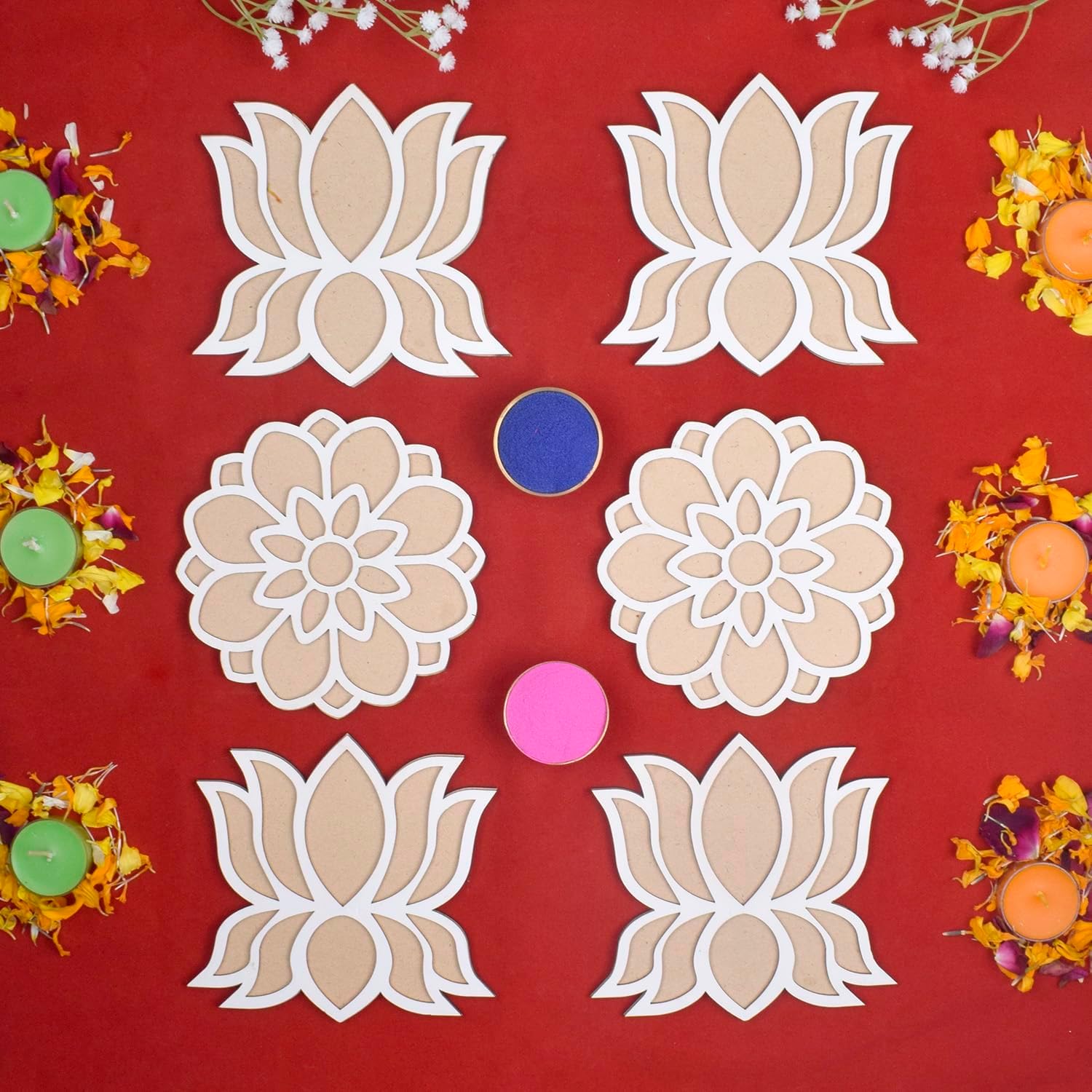 Satvik Set of 6 Rangoli (6 inches) Stencil for Decor DIY Craft Reusable Rangoli Pallets Templates for Floor Table Just Fill with Rangoli Atta or Grains for Navratri Pongal Pooja Mandir