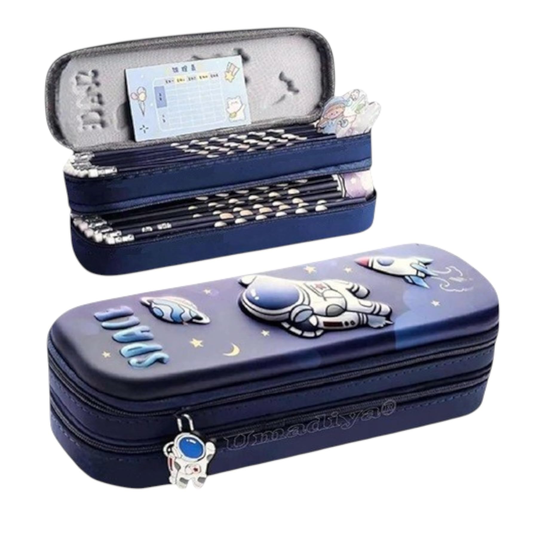 Premium Double Layer Space Pencil Case 3D Cover EVA Space Astronaut Theme Large Capacity Pencil Zipper Pouch Bag Compass School Kids Stylish Pen Holder Stationery Box
