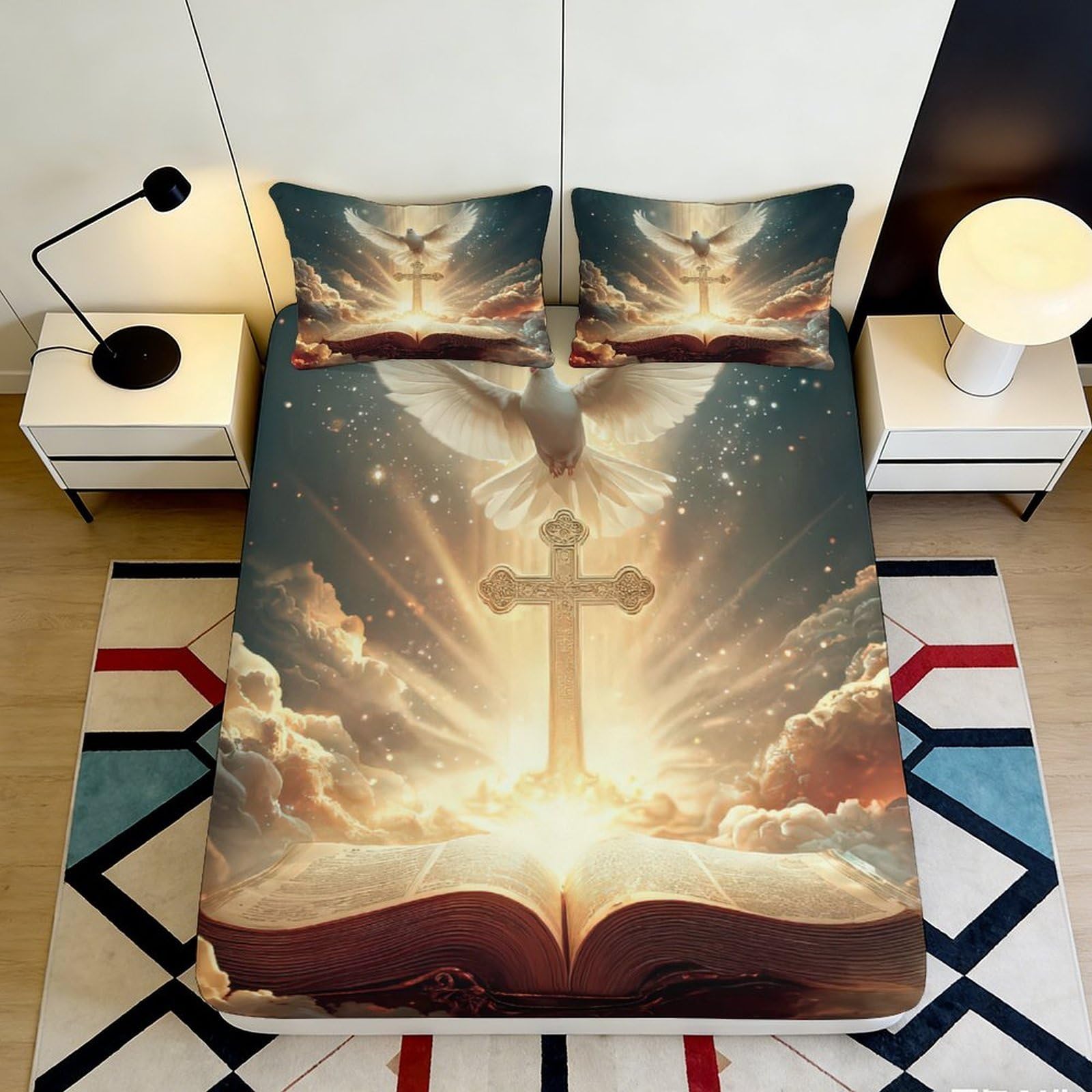 Pnayamiorkfel Style-4 3D Printed Holy Light Cross Fitted Sheet Microfiber Dove Bible Bed Cover For Bedroom Guest Room Easy Care Decor 90X200x25cm