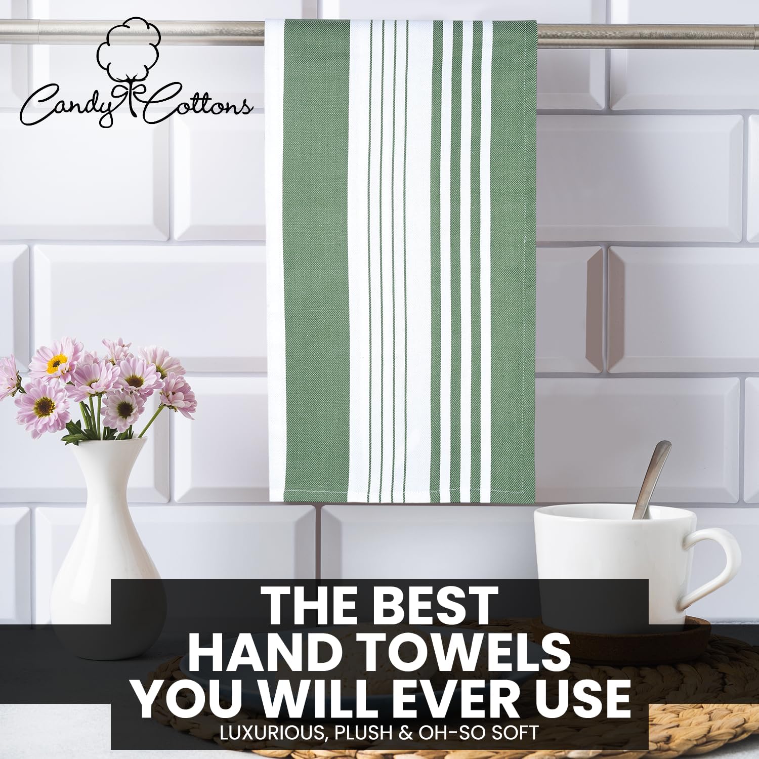 Stripe Kitchen Towels Decor Mordern Design Centreband Tea Dish Towels Boho Stripe Absorbent Festive Gift Set of 6 Pantry Reusable Kitchen Dish Towel|Easter Spring Decor 18x28 in Green - Image 3