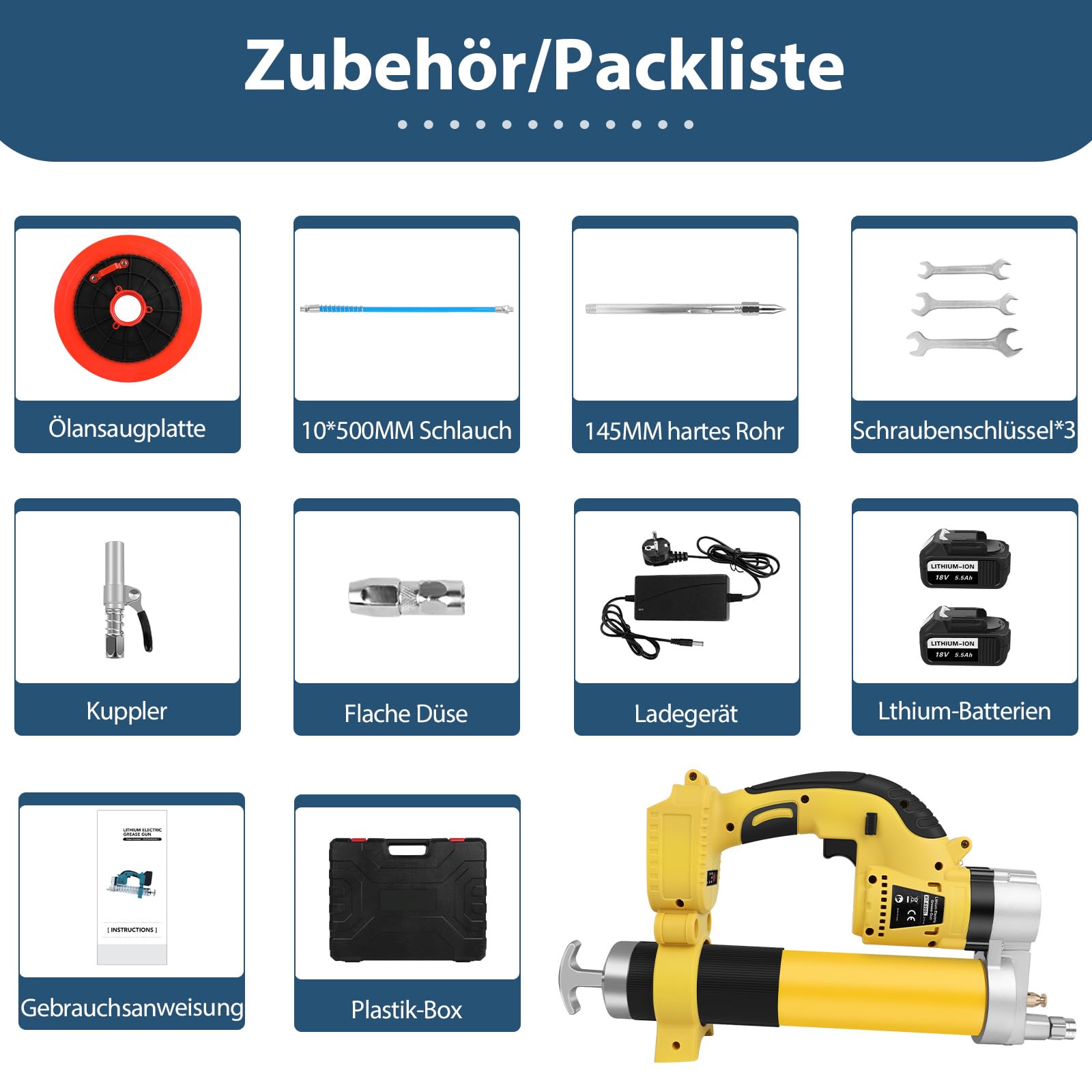 ASUNCELL Akku-Fettpresse 18V, Elektrische Fettpresse Kit mit 2 Batterien und Ladegerät, 8000 PSI Bürstenloser Motor, 18 Volt 5500mAh Akku Fettpresse von Fahrzeugen und Maschine
