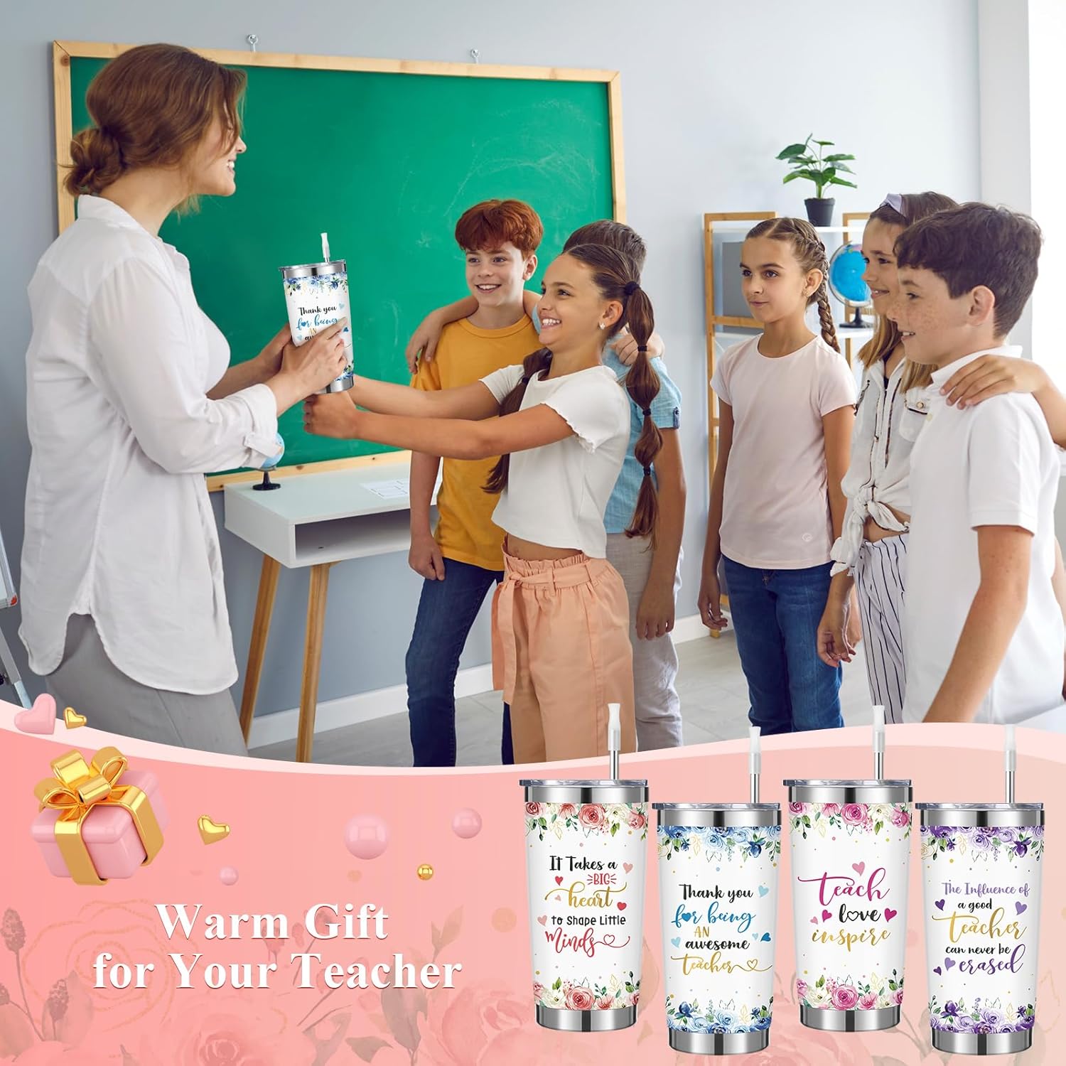 Skylety 4 Pcs Teacher Appreciation Gifts Tumblers for Women 20oz Stainless Steel Cups with Lids and Straws Inspirational Flower Coffee Mugs Teacher Birthday Graduation Retirement Gifts Set - Image 5