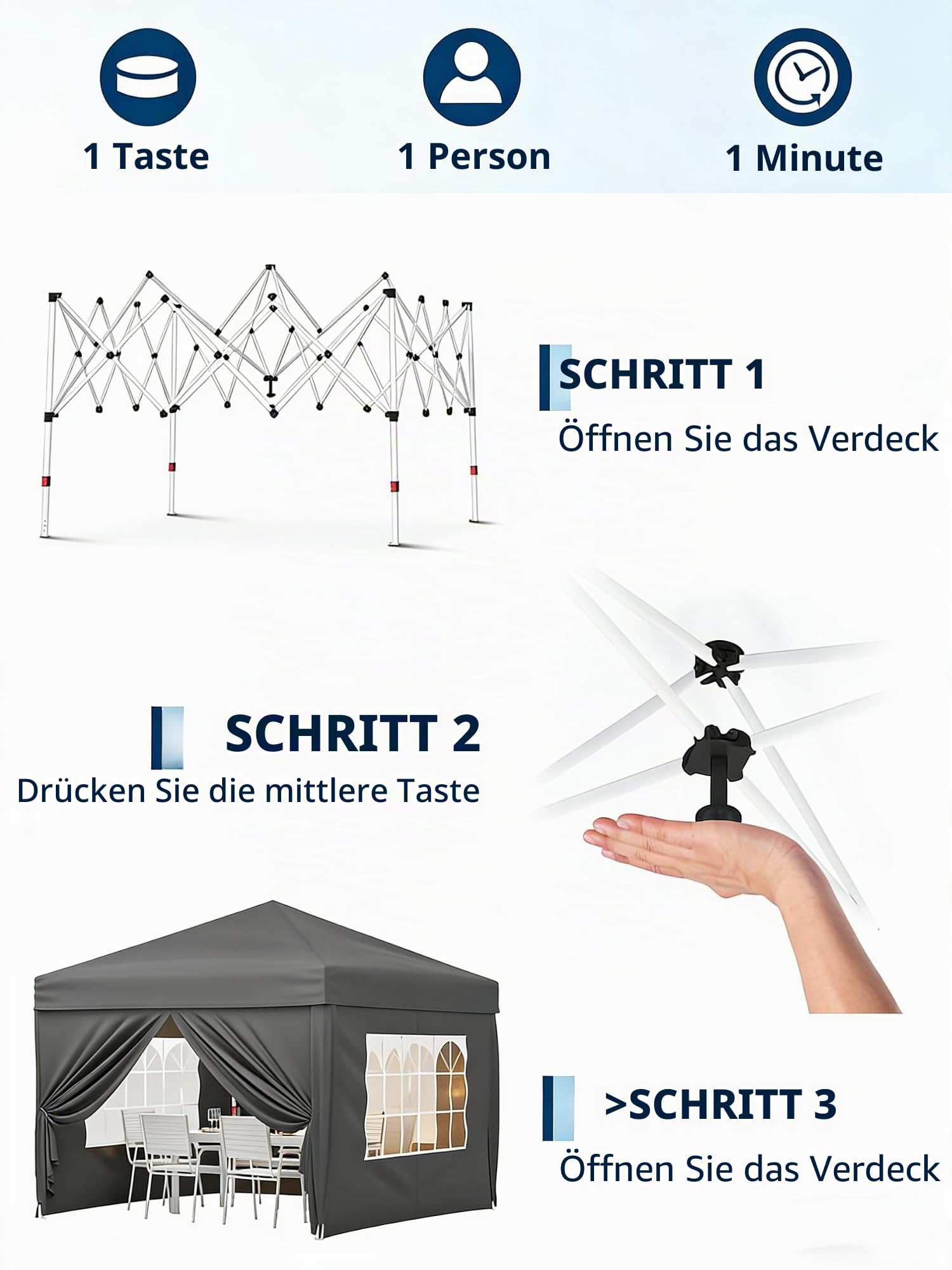 Faltpavillon 3X3M UPF50+ mit Seitenwänden für Garten und Camping | Cadre en acier robuste, hauteur ajustable, sac à roulettes et accessoires fournis