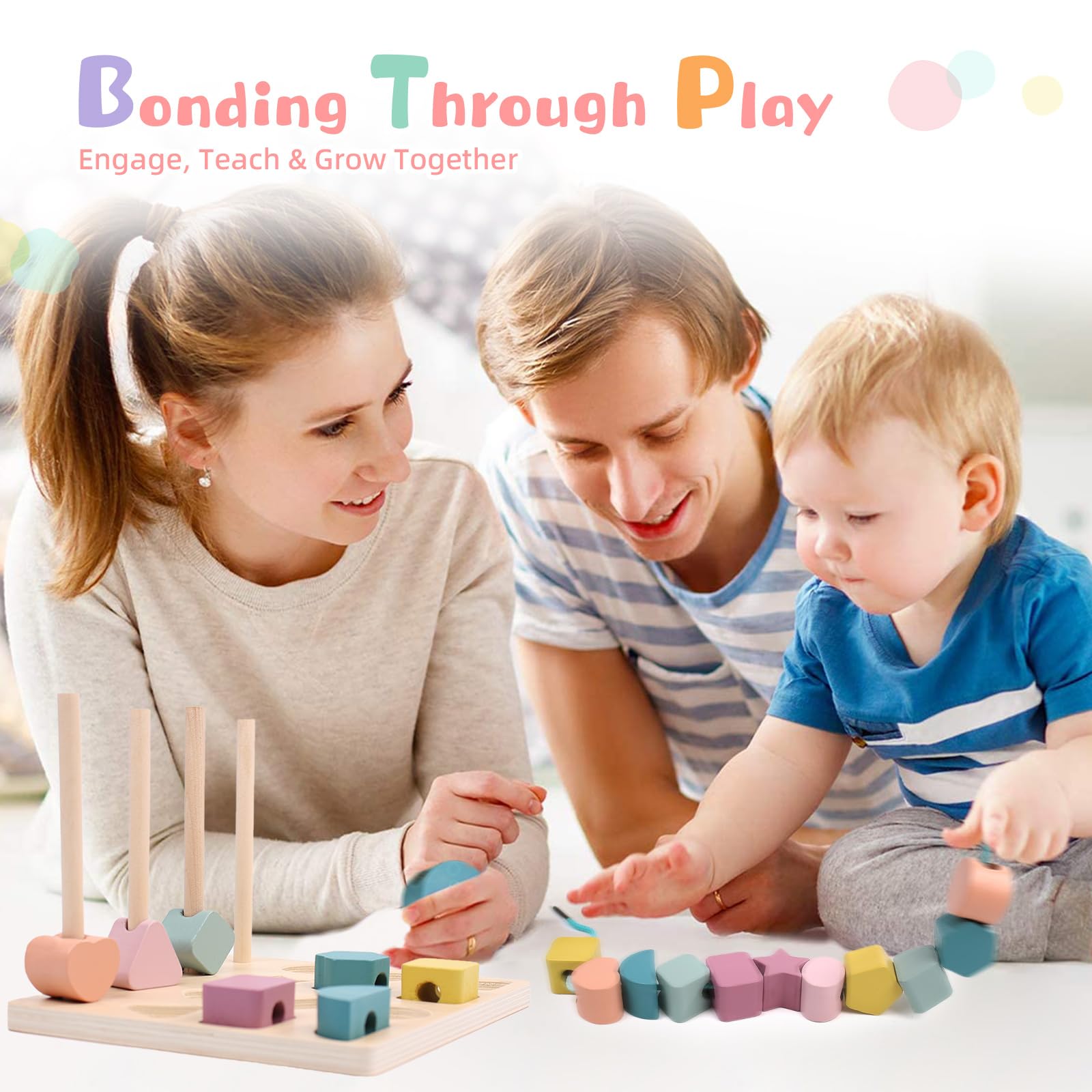 Jeux Montessori Enfant, 3 en 1 Jouet d'activité et de Développement Empilable y Enfiler, Enfant Jeu Educatif, Jouets de Tri Bois Cadeau pour Garcon et Fille 2 3 4 5 Ans, Jouets de Perles de Laçage