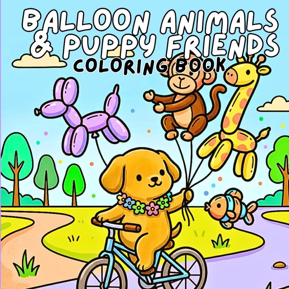 Balloon Animals & Puppy Friends Coloring Book: 41 Unique Fun Scenes for Kids 4-8 ages – Perfect for Relaxation, Creativity & Stress Relief